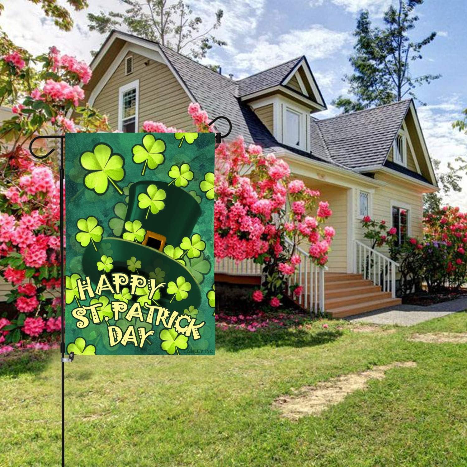 Anley Premium Happy St. Patrick's Day Garden Flag, Green Hat with Clover Garden Flags Double Sided - 18 x 12.5 Inch