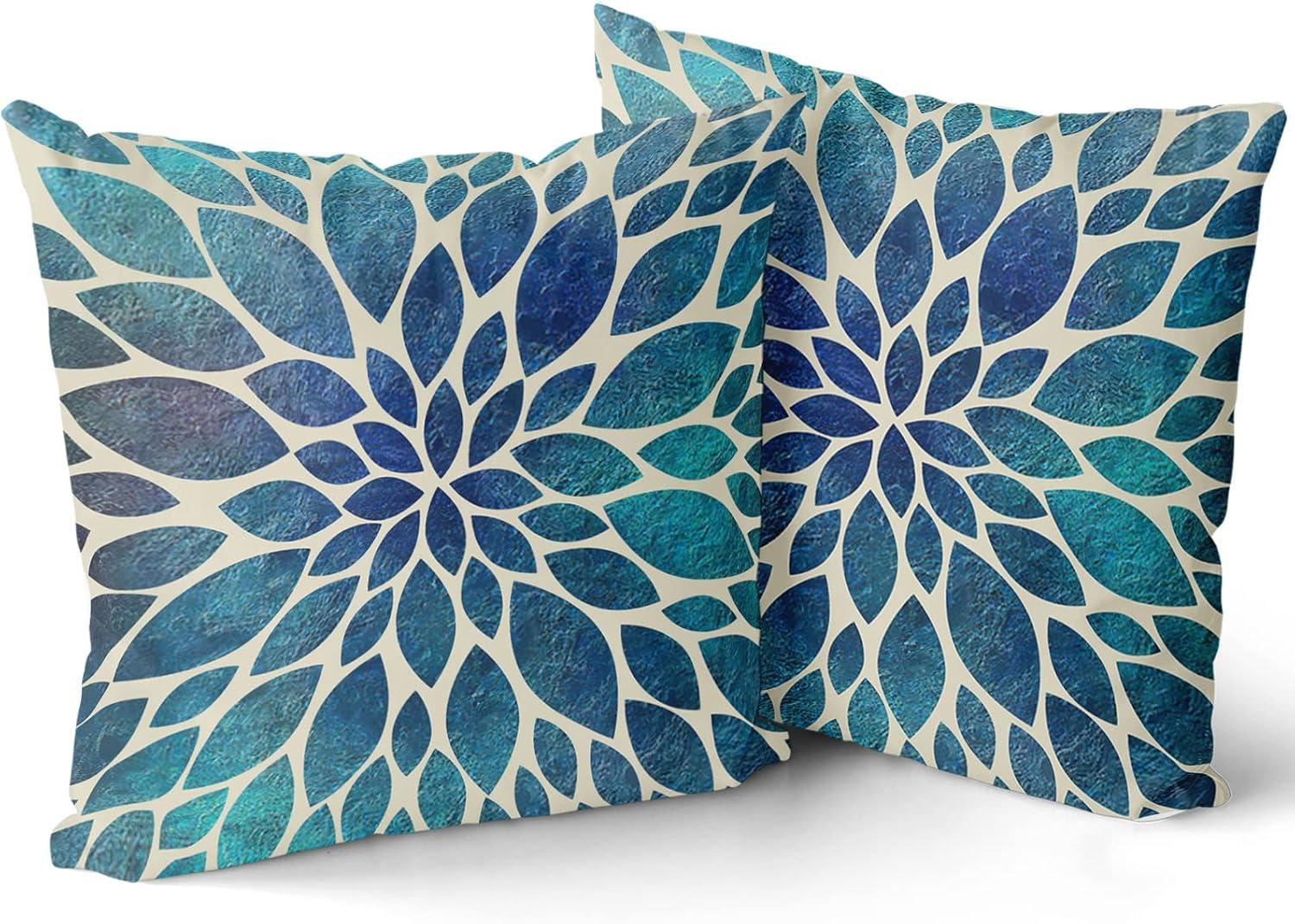 Navy Blue Teal Dahlia Floral Cotton Polyester Euro Pillow Covers