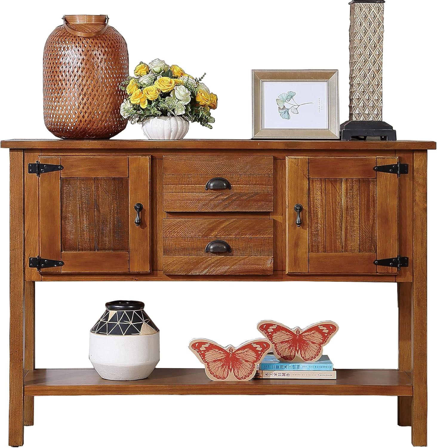 Solid Wood Console Table,Storage Sideboard with 2 Drawers and Cabinets and 1 Bottom Shelf, Retro Style Dining Buffet Server Cabinet for Living Room Kitchen Dining Room Furniture(Brown)