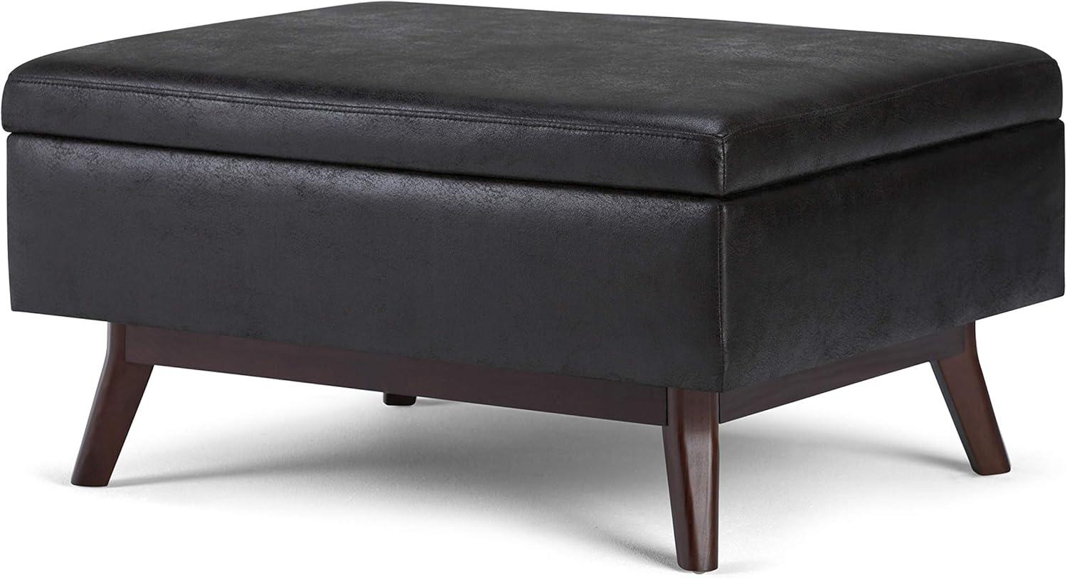 Simpli Home Owen Faux Leather Storage Coffee Table Ottoman in Distressed Black