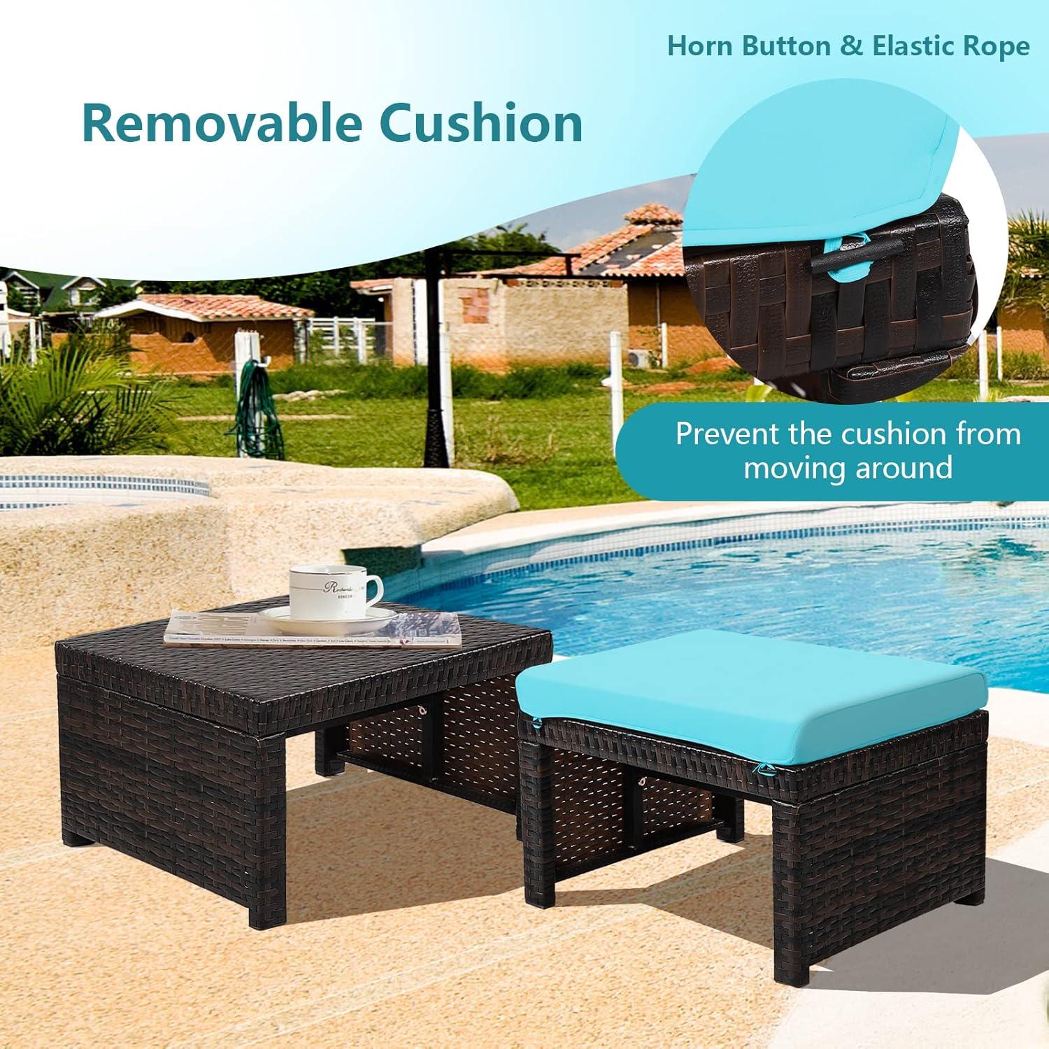 Tangkula 2 PCS Outdoor Wicker Ottoman Patio Rattan Furniture Metal Footrest Seat Square Footstool with Cushion Turquoise