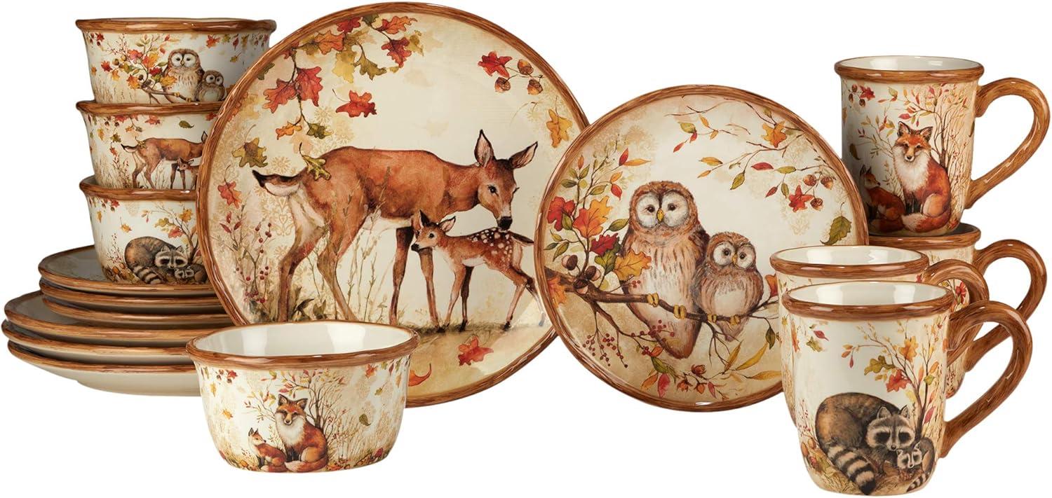 Pine Forest Ceramic Dinnerware Set with Forest Critters, Service for 4