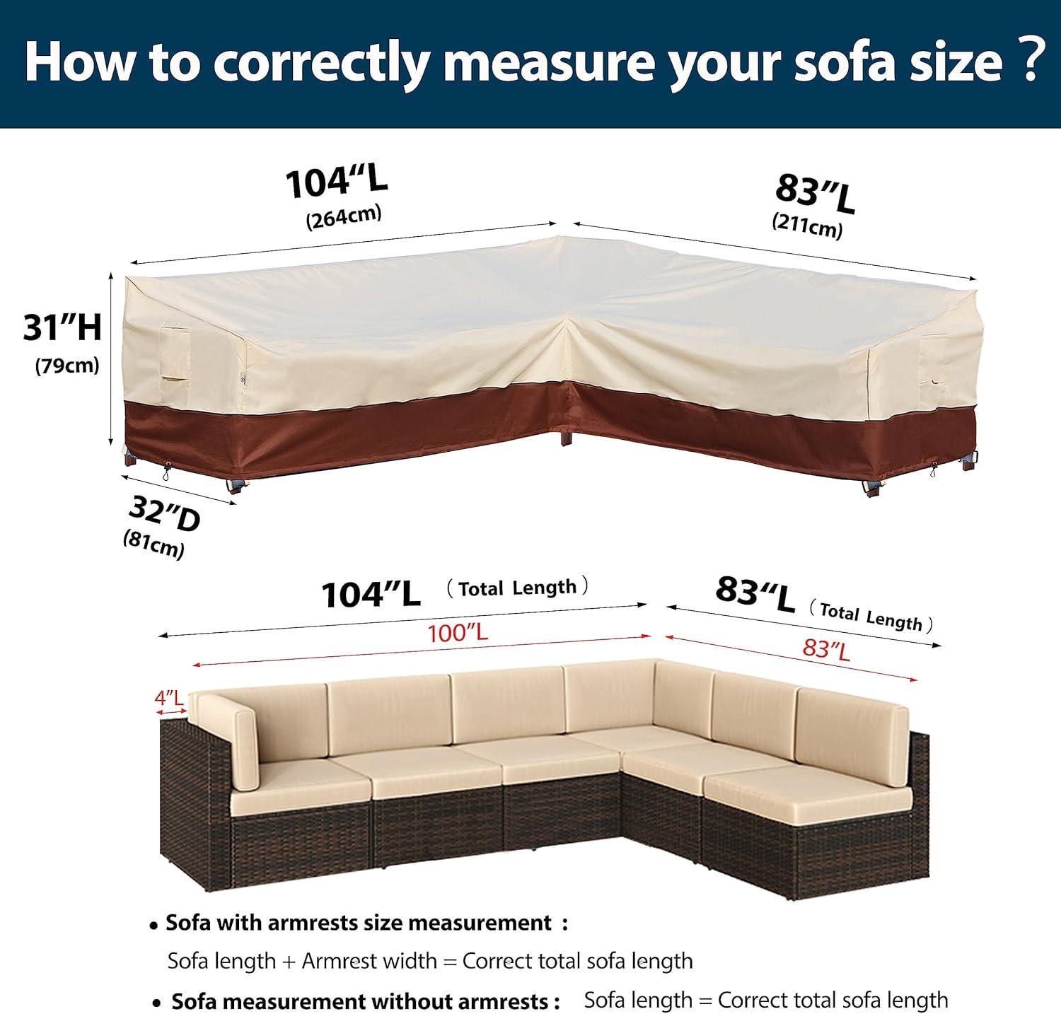 Outdoor Sectional Cover-V-Shaped Garden Patio Furniture Covers Waterproof Rip-Stop Anti-UV 600D Heavy Duty Outdoor Couch Cover with 3 Air Vents Sofa Cover 85''L 33.5''D 31''H,Beige & Reddish Brown