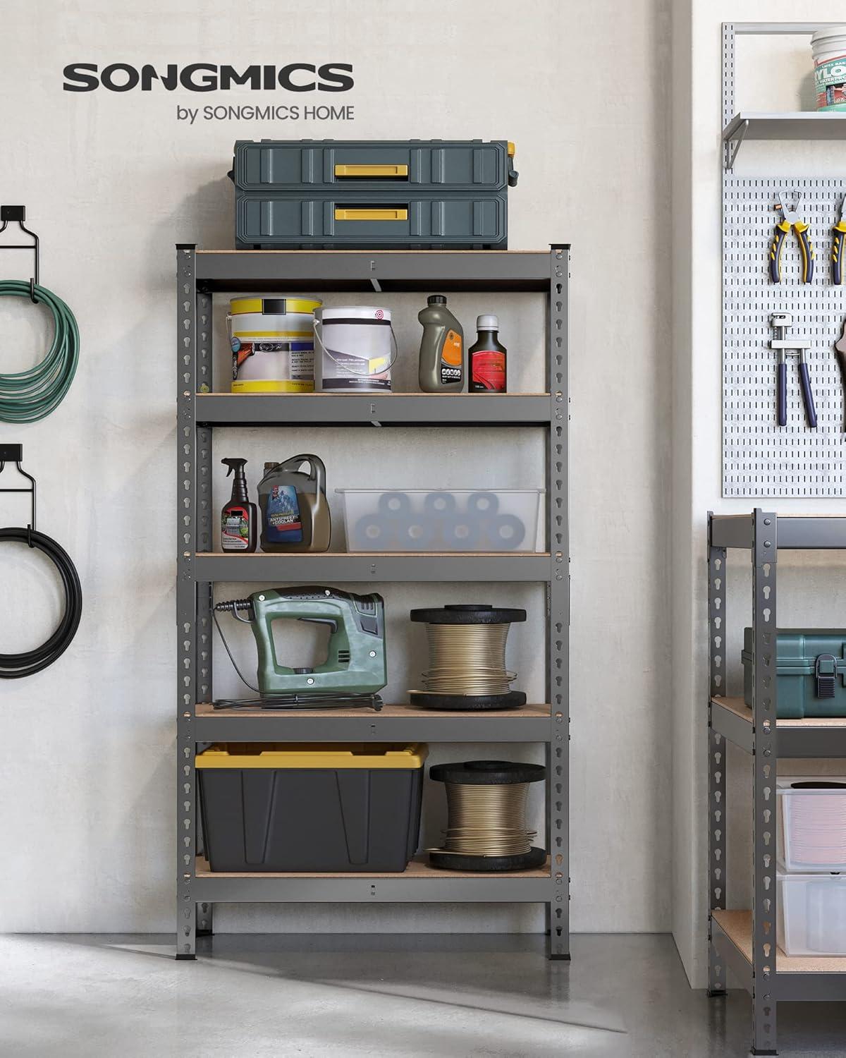 SONGMICS 5-Tier Storage Shelves Metal Garage Storage Boltless Assembly Adjustable Shelving Unit 11.8 x 29.5 x 59.1 Inches Load 1929 lb for Shed Warehouse Basement Kitchen Gray