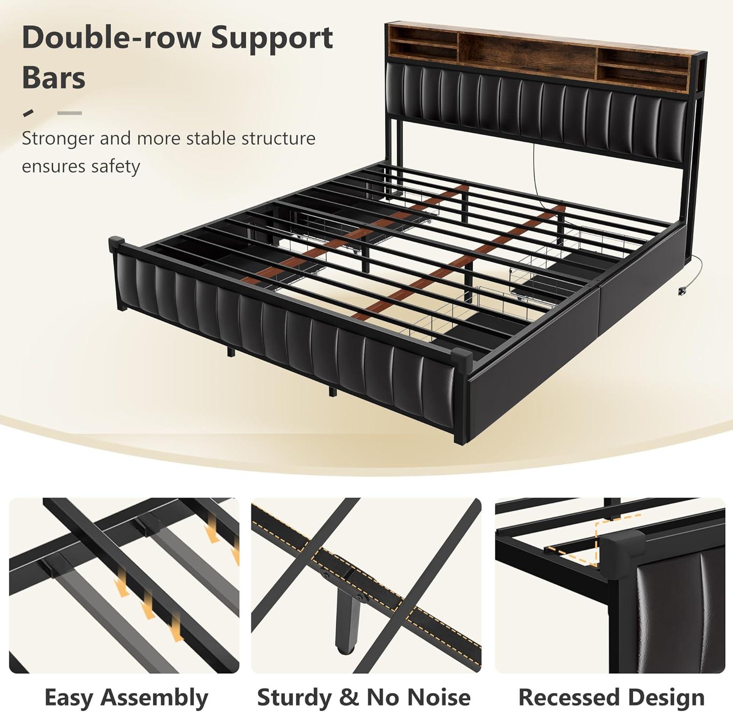 Kanchi Upholstered Metal Platform LED Bed Frame with 4 Storage Drawers and Bookcase Headboard, Black