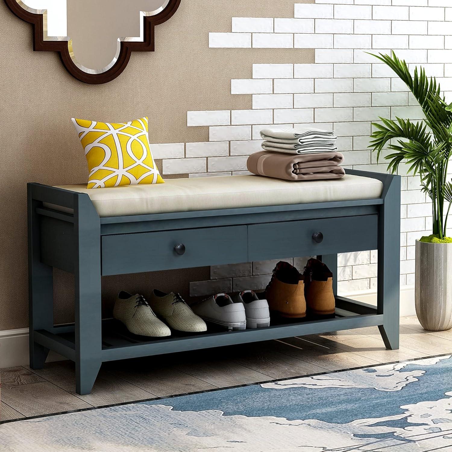 Shoe Bench Entryway Bench Shoe Rack Wooden with Cushioned Seat and Two Handle Drawers Multipurpose for Entryway Home Living Room, Antique Navy