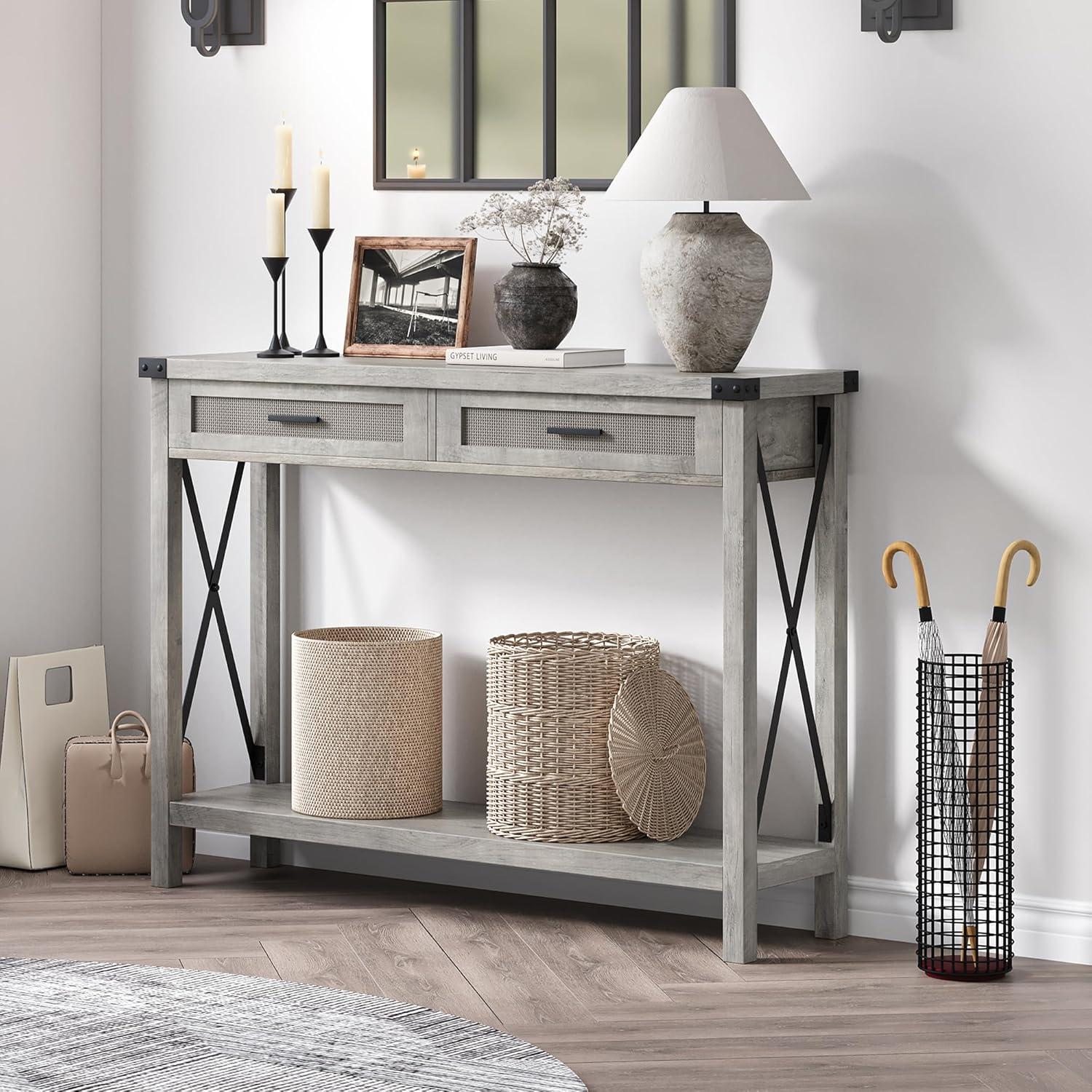 Garvee Farmhouse Entryway Table, Console Table with Rattan Drawers, 43" Sofa Table with Storage, Console Tables for Entryway, Living Room, Hallway