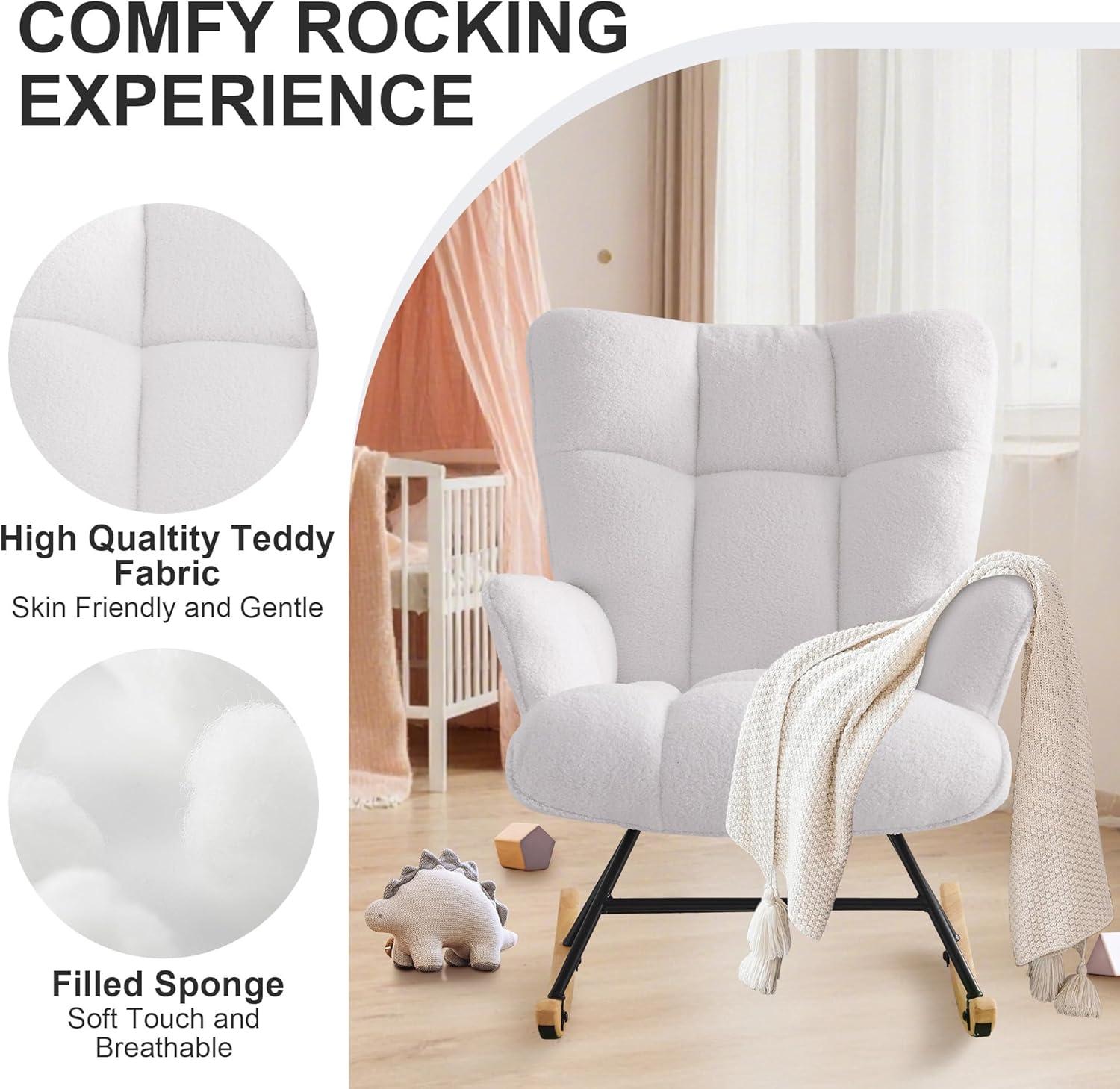 Nursery Rocking Chair Teddy, Upholstered Glider Rocker with High Backrest, Comfortable Stylish Accent Armchair with Padded Seat for Living Rooms, Bedrooms, Offices
