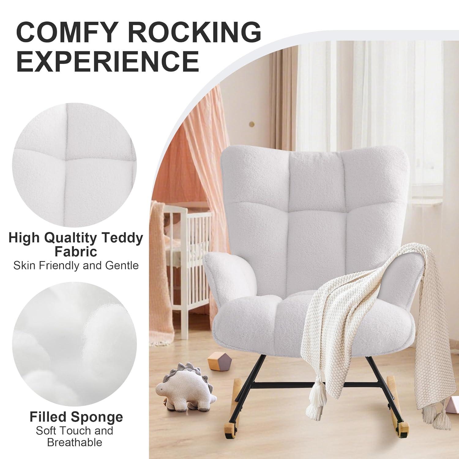 Nursery Rocking Chair Teddy, Upholstered Glider Rocker with High Backrest, Comfortable Stylish Accent Armchair with Padded Seat for Living Rooms, Bedrooms, Offices