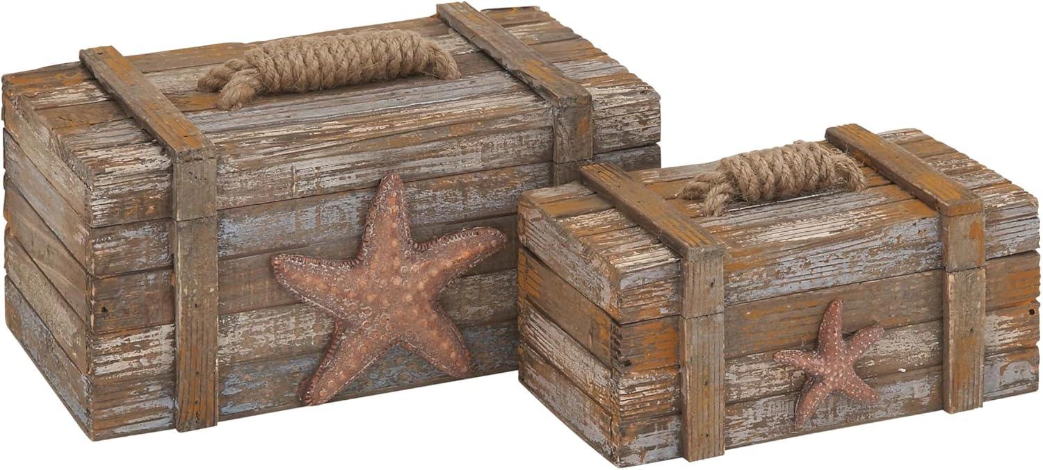 DecMode Starfish Handmade Distressed Wood Decorative Box with Knotted Rope Details, 2 Count