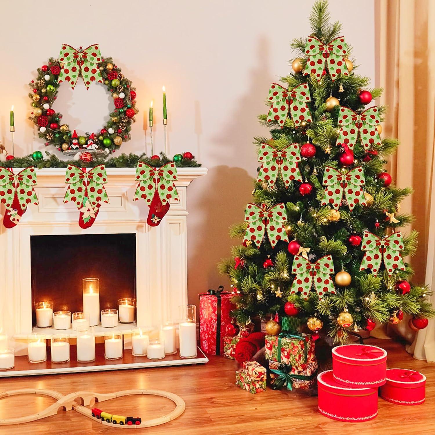 Sandistore Cute Cars 12pcs Christmas Tree Bows Ornaments 6 Inch Large Christmas Wreath Bows Red Green Xmas Tree Bows Christmas Glitter Dot Bows Ribbons Decoration For Garland Diamonds for Crafts