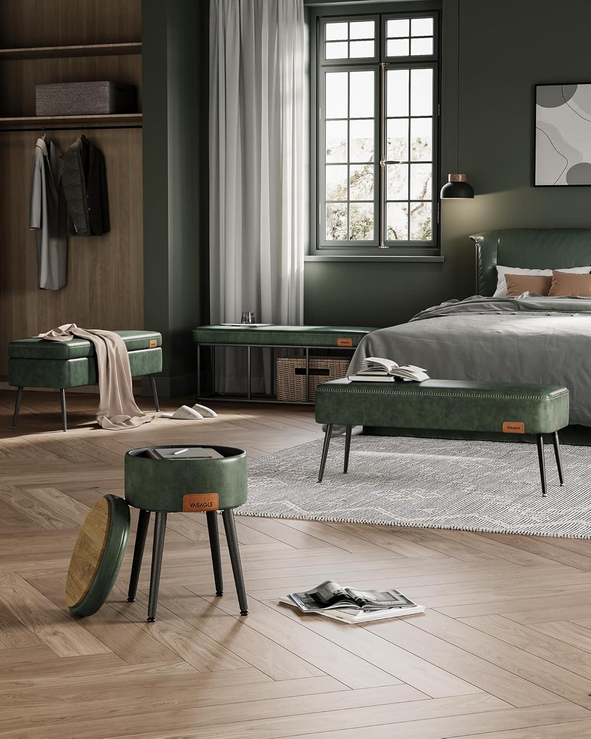 VASAGLE EKHO Collection - Storage Ottoman Bench Leather Entryway Bedroom Bench 15 Gallons for Bedroom Living Room Loads 660 lb Forest Green
