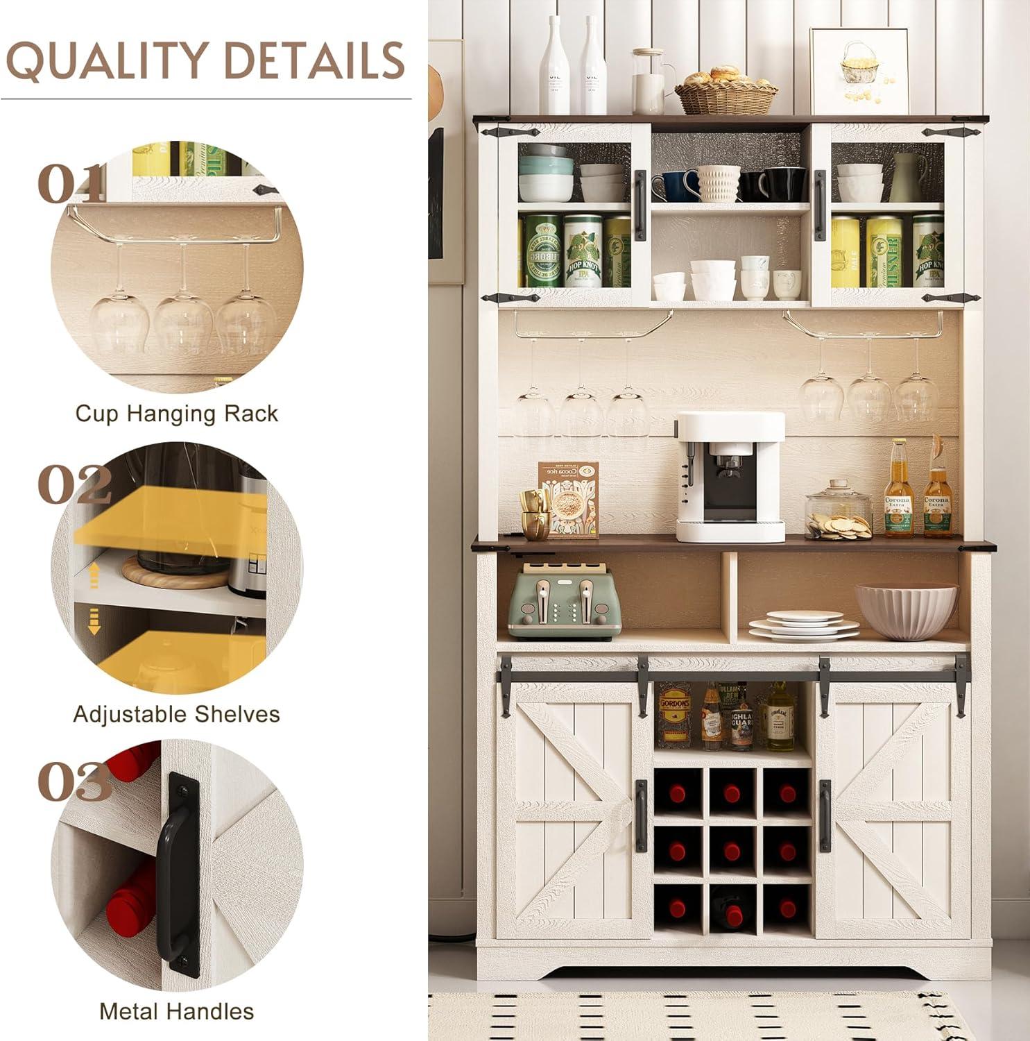 Gracie Oaks Coffee Bar Cabinet with Sliding Barn Door, Buffet Cabinet with Hutch, Kitchen Pantry Cabinet with Power Outlet & Lighting, Tall Liquor Chest for Home Dining Room, White