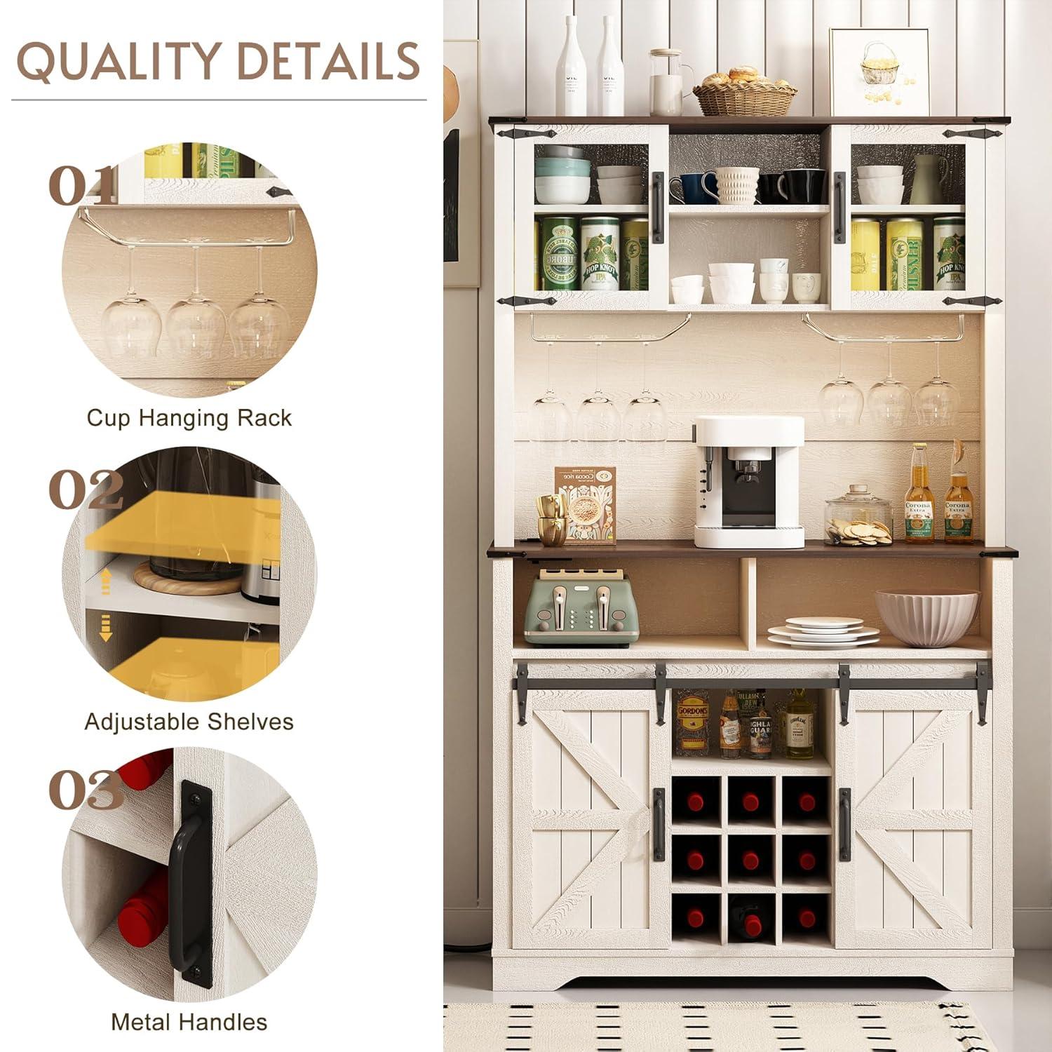 Gracie Oaks Coffee Bar Cabinet with Sliding Barn Door, Buffet Cabinet with Hutch, Kitchen Pantry Cabinet with Power Outlet & Lighting, Tall Liquor Chest for Home Dining Room, White