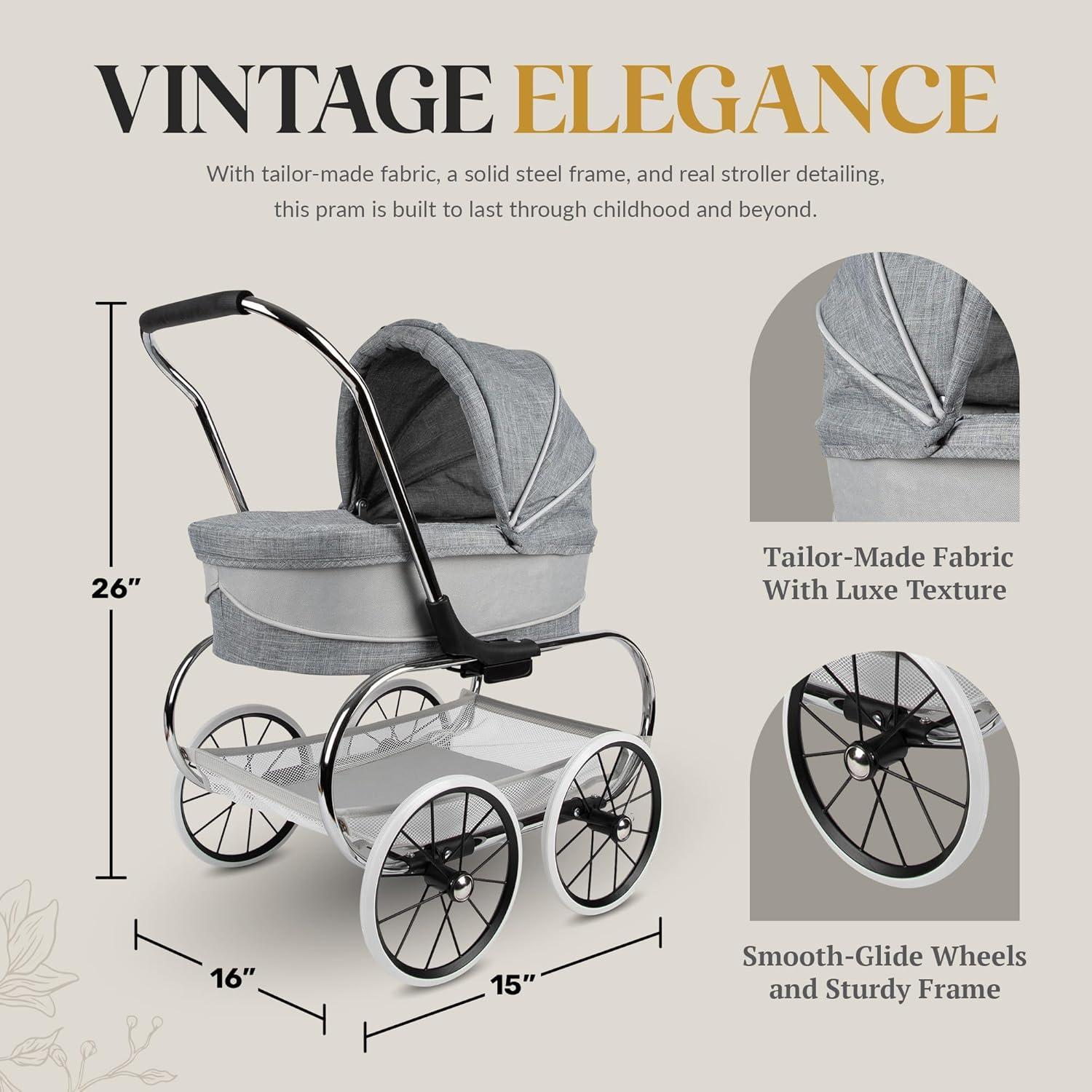 Valco Baby Princess Doll Stroller, High Quality Toy Stroller for Toddlers & Children, Excellent Holiday Gift for Realistic Pretend Play - Grey