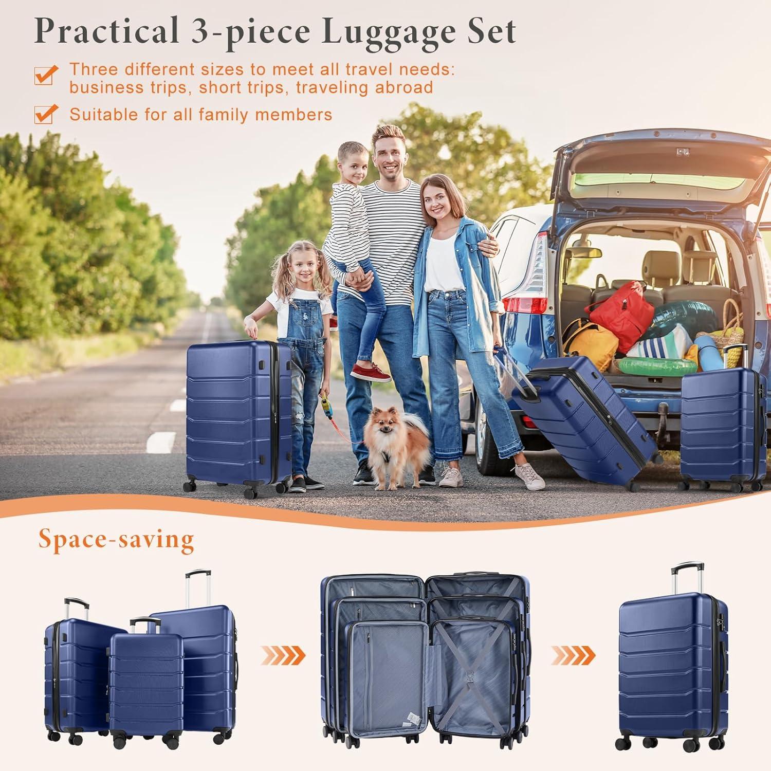 Smugdesk.com 3-Piece Luggage Set, ABS Travel Suitcase Set with TSA lock