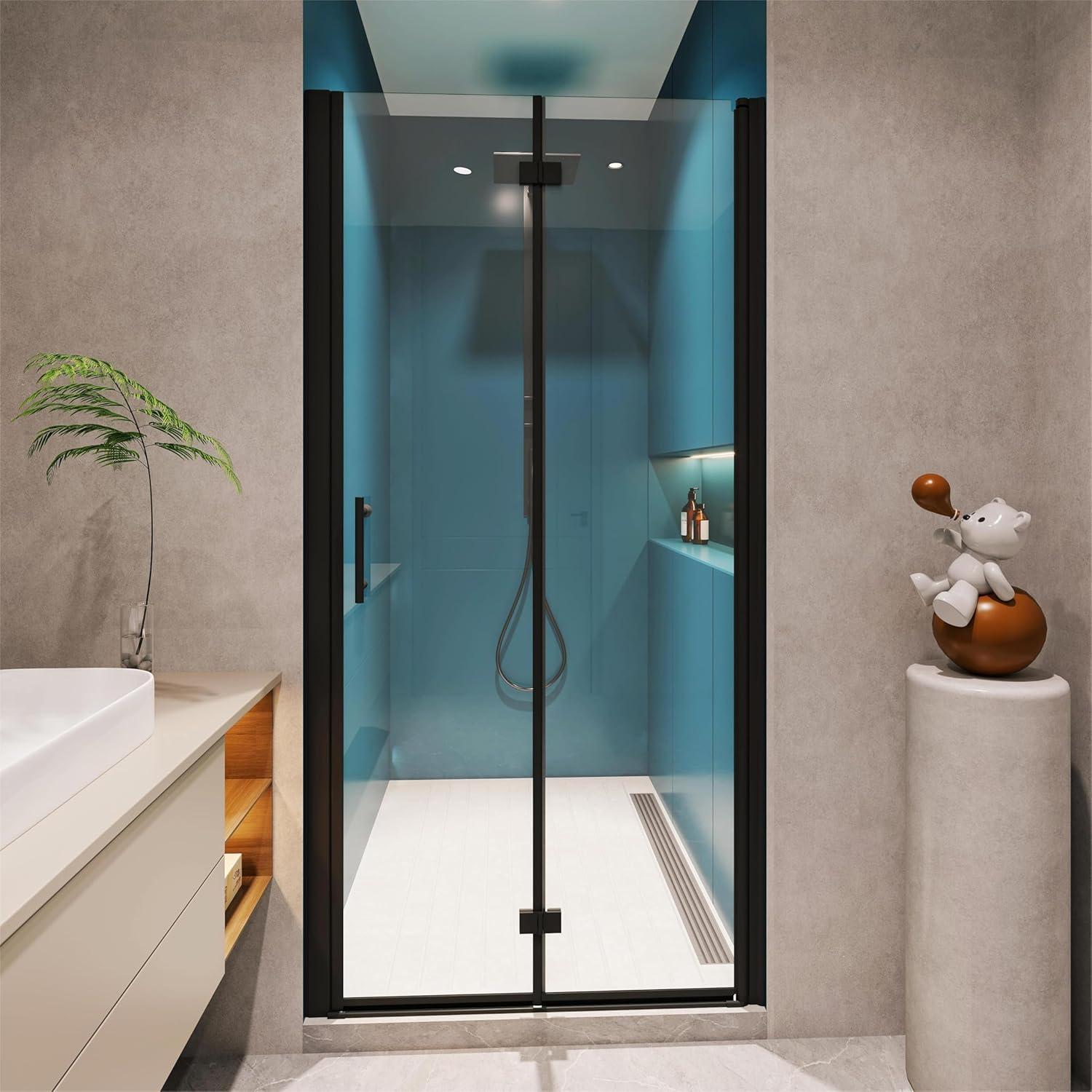 Bifold Shower Door, 31-32" W × 72" H Frameless Bathroom Glass Folding Shower Doors, Reversible Installation, 1/4" (6mm) Clear Tempered Glass Door for Walk-in Shower, Matte Black