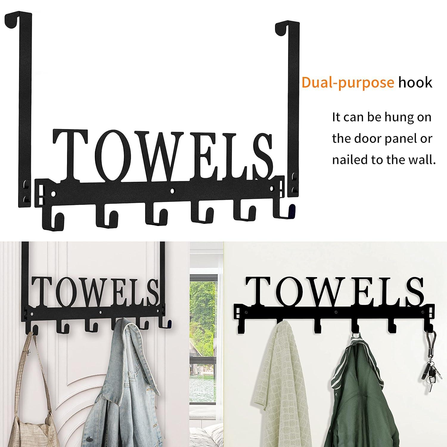 Over The Door Hooks, Towel Holder for Bathroom, Mount Rack Metal Bath Hanger Bedroom Kitchen Pool Beach Bathrobe Wall Hooks (6 Hooks, Black).