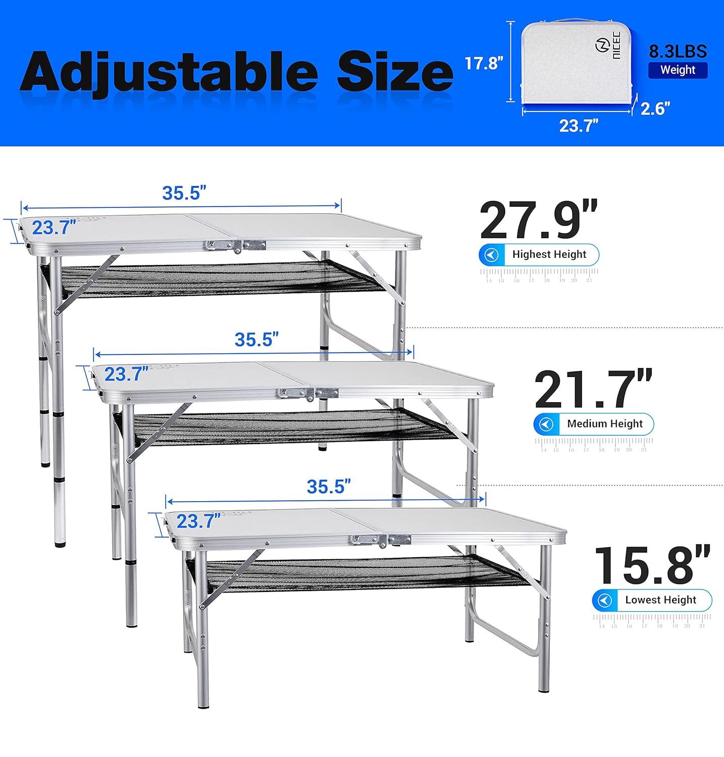 Nice C Card Table, Folding Picnic Table, Small Table, Adjustable Height Folding Table, Camping, Outdoor, Portable Lightweight Aluminum, with Carry Handle for Beach, Indoor, Office (Medium)