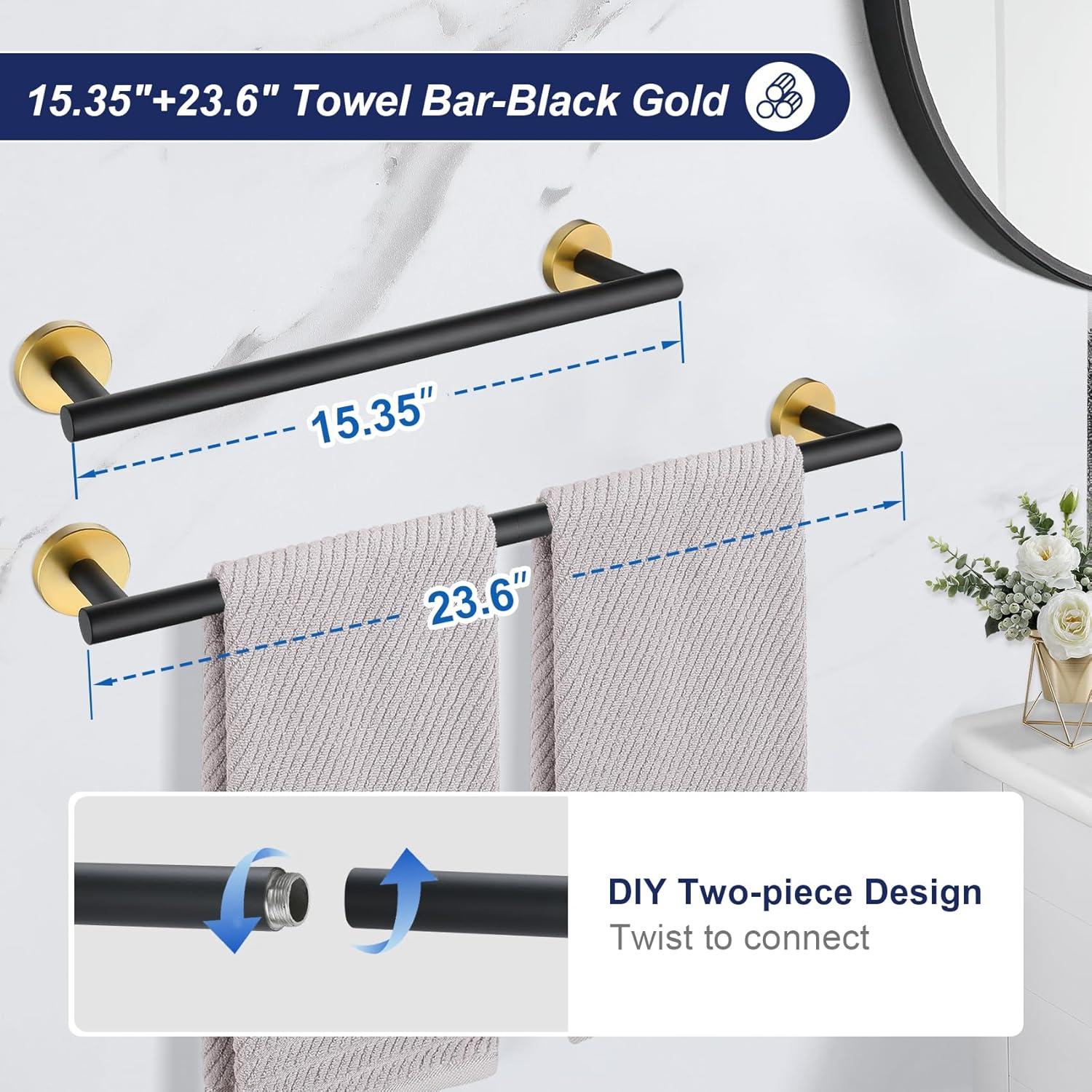 5 Pieces Black Gold Bathroom Hardware Set, 23.6 Inches Bathroom Towel Rack Set Bath Towel Bar Set, SUS304 Stainless Steel Bathroom Accessories Kit Wall Mounted