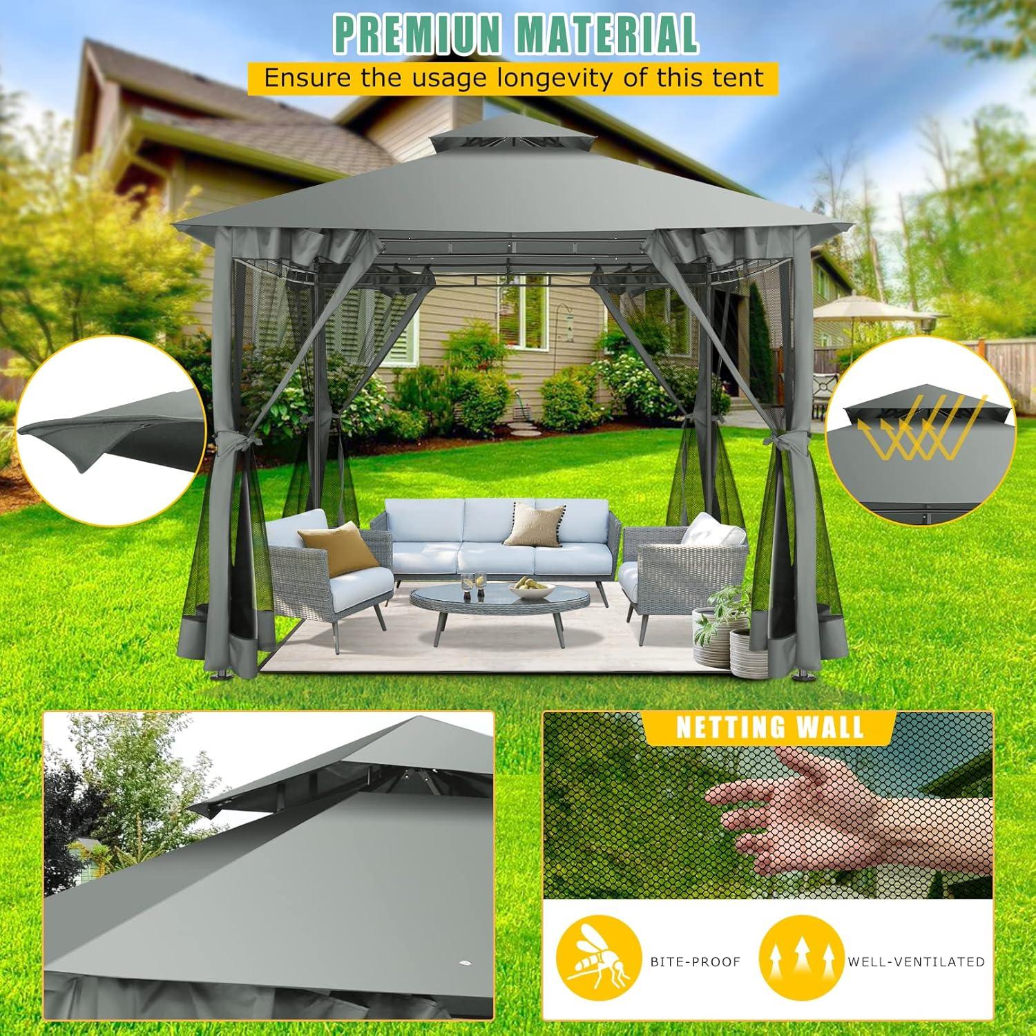 HOTEEL 10x20 Gazebo on Clearance, Outdoor Gazebo Tent with Mosquito Netting and Ventilated Double Flat Roof, Easy Set up Canopy Tent with Stable Metal Frame for Patio, Khaki (Upgraded 2.0)