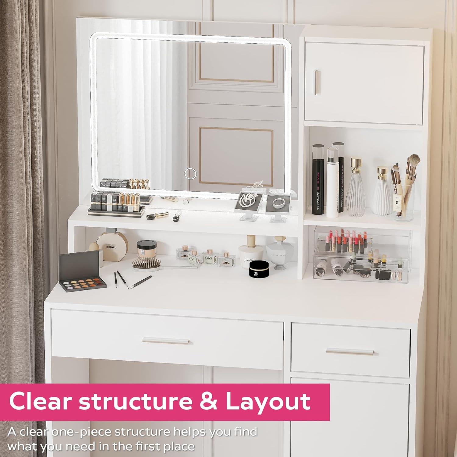 46.7" Vanity Desk with Mirror & LED Lights, Dressing Table with 2 Large Drawers & Vertical Organizer, 3-Tier Storage, 3 Adjustable Lighting Modes, Makeup Desk for Bedroom