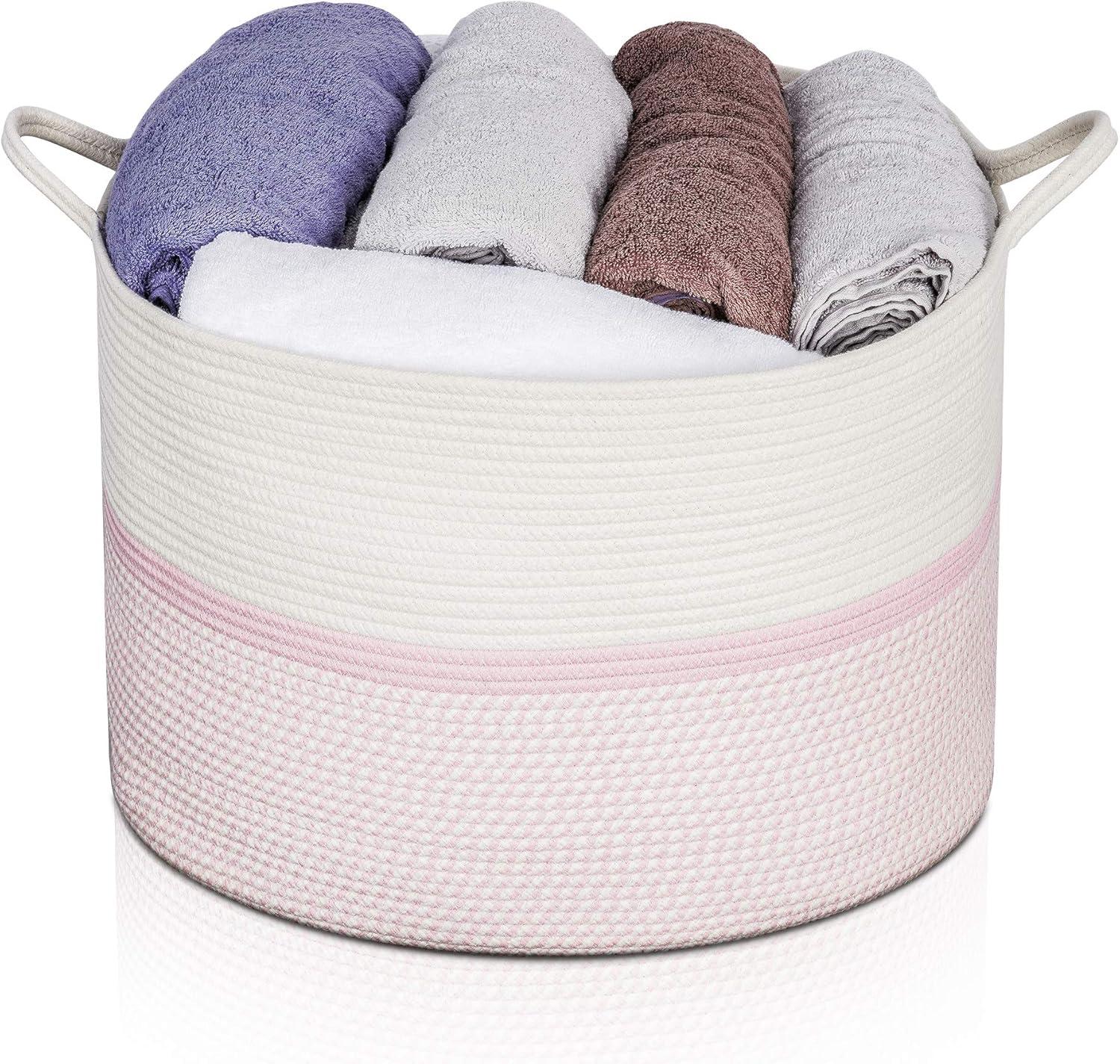 Extra Large Pink and White Cotton Rope Basket with Handles