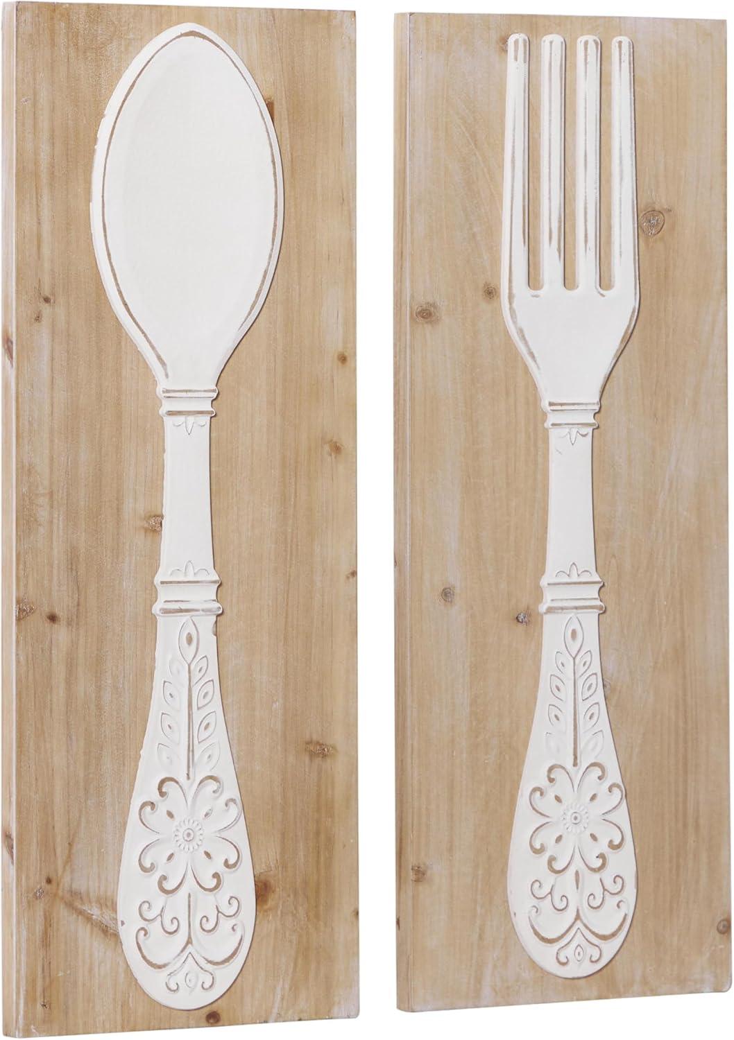 DecMode Brown Wooden Utensils Wall Decor with Carved White Floral Designs (2 Count)