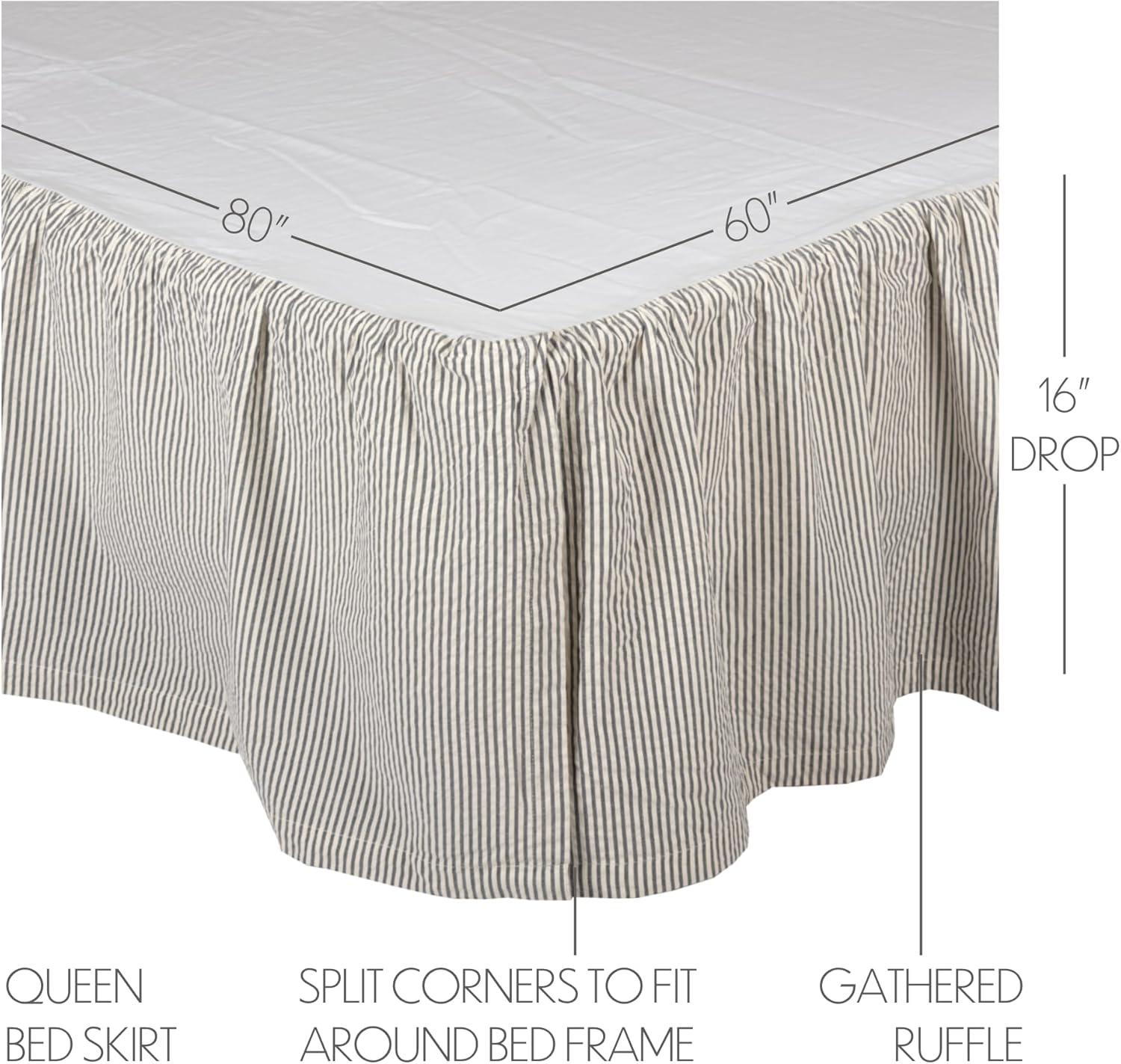 VHC Brands Hatteras Seersucker Ticking Striped Cotton Americana Split Corners Gathered Queen Bed Skirt, 60x80x16, Denim Blue