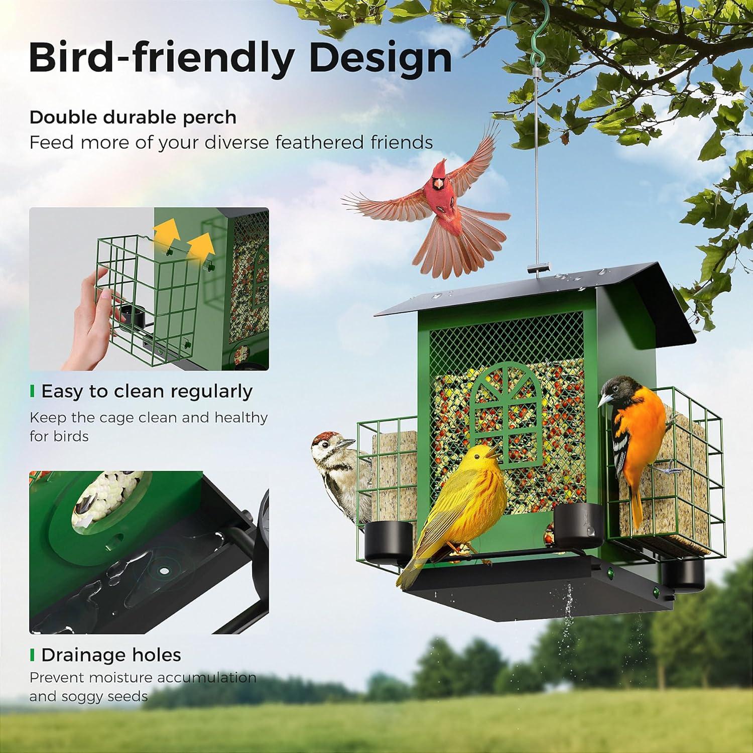 PerchMe®Bird Feeders for Outdoors Hanging, Metal Bird House Feeder with 2 Suet Cage and 4 Water Cups,Large Capacity,Weatherproof,Easy to Clean & Refill-Green