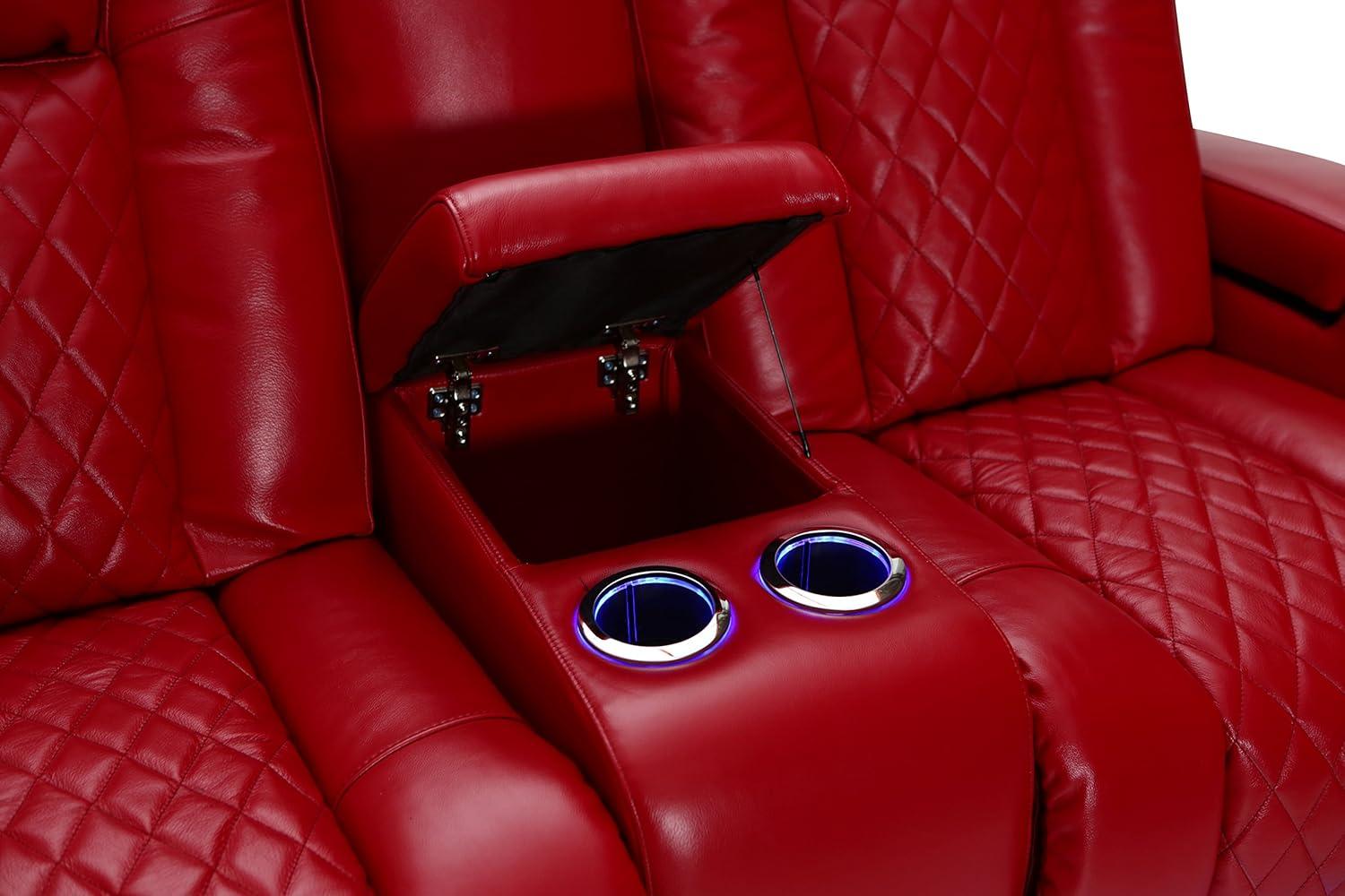 Seatcraft Anthem Home Theater Leather Loveseat Power Reclining 2-Row Seating with Power Headrest, LED lights, Center Table, Cupholders, AC/USB Outlets, and Hidden Storage in Red