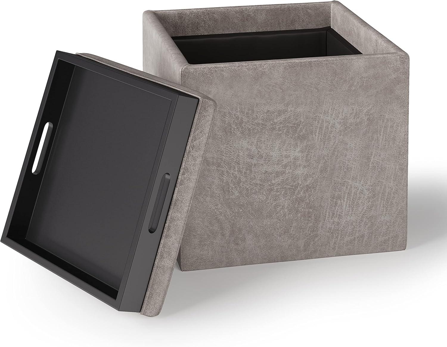 Simpli Home Rockwood 17" Cube Storage Ottoman with Tray in Gray Faux Leather