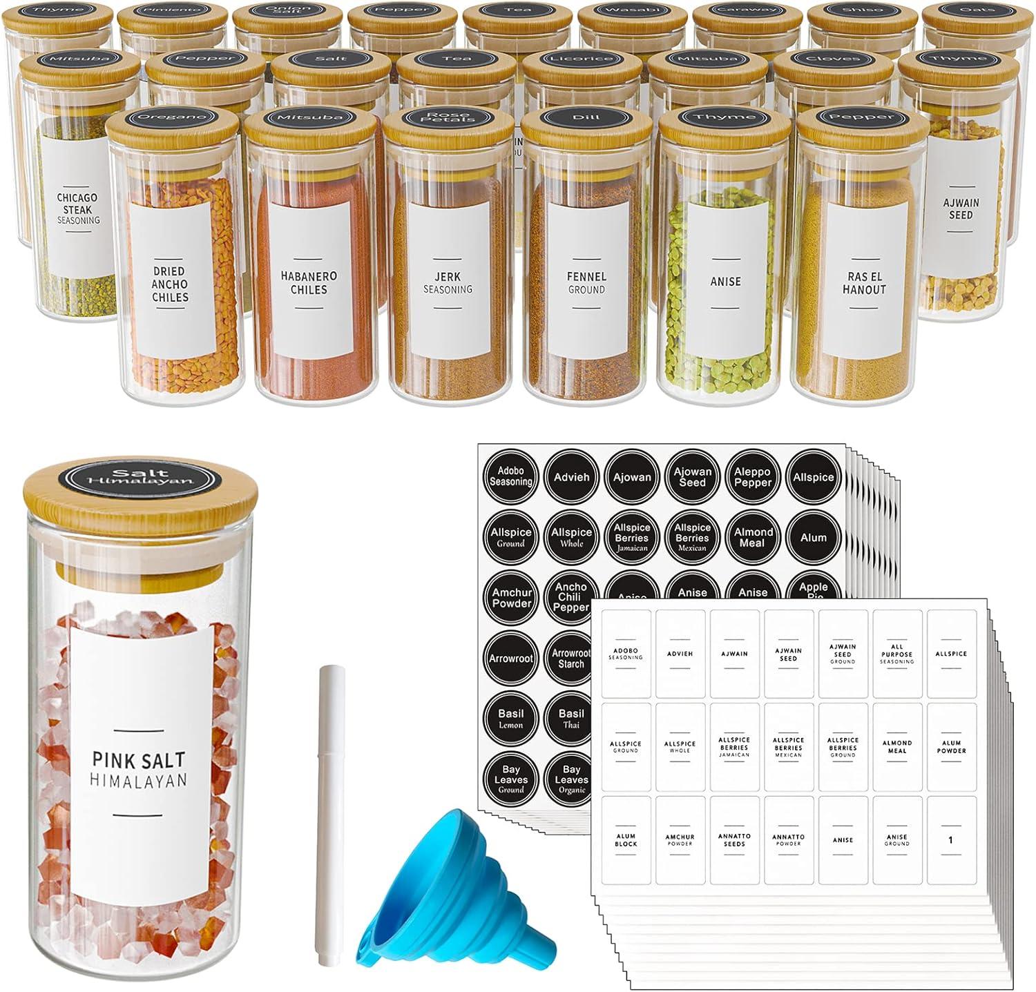 SpaceAid 24-Piece Spice Jar Set with Bamboo Lids and Labels, Empty 4oz Glass Bottles, Minimalist Farmhouse Style Stickers, Funnel, and Seasoning Containers for Spice Racks, Cabinets, and Drawers