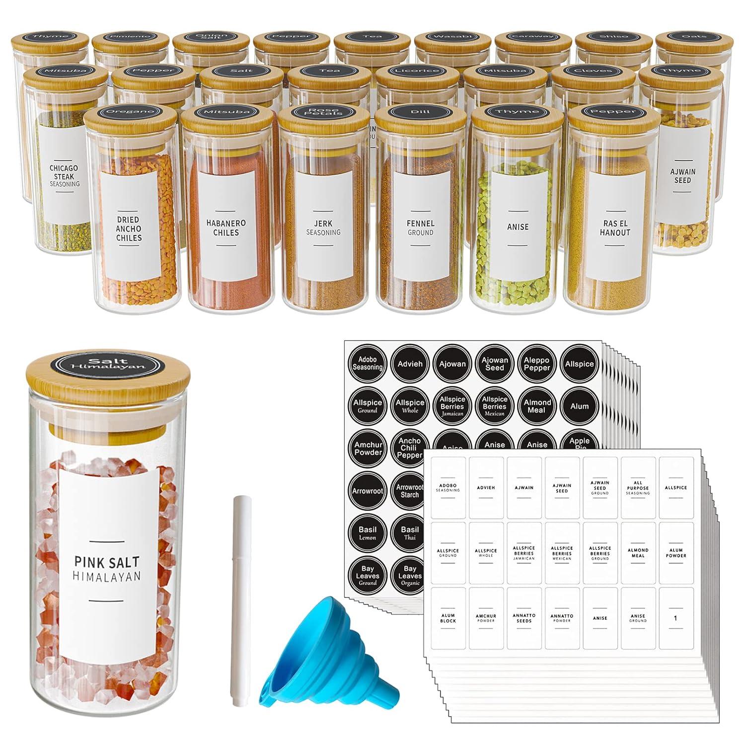 SpaceAid 24-Piece Spice Jar Set with Bamboo Lids and Labels, Empty 4oz Glass Bottles, Minimalist Farmhouse Style Stickers, Funnel, and Seasoning Containers for Spice Racks, Cabinets, and Drawers