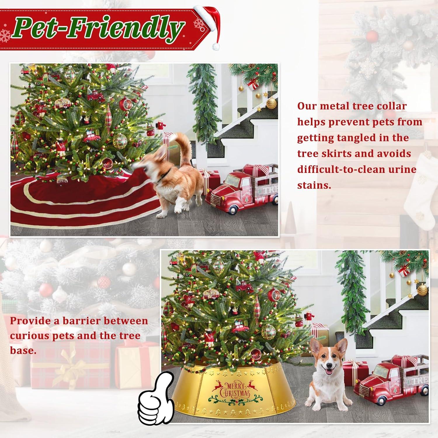 Nordic Hygge 28’’ Christmas Tree Collar, Gold Tree Skirt for Christmas Tree Decor, Christmas Tree Base Cover with Printed Patterns, Metal Tree Collar for Pencil Tree of Living Room