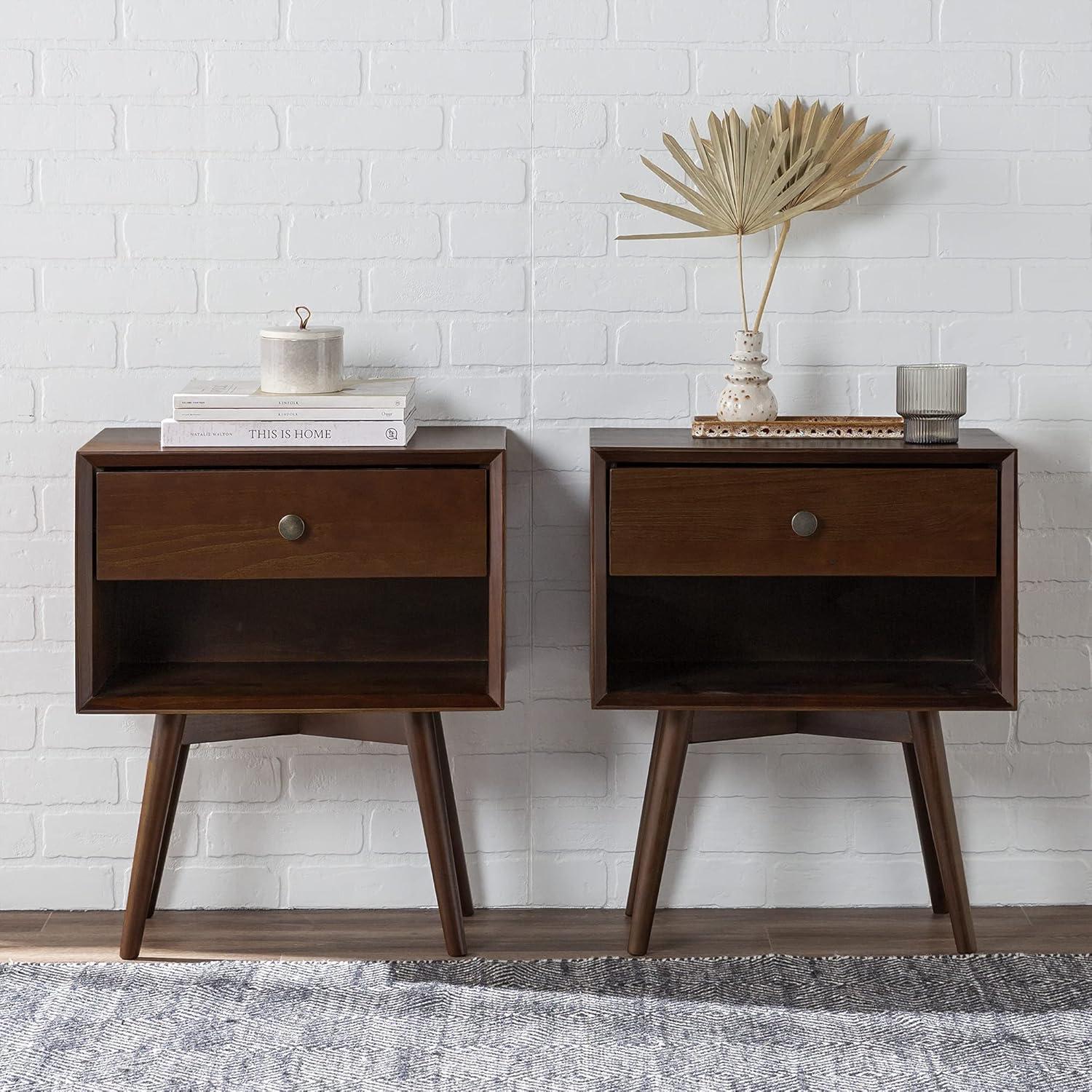 Walker Edison 2-Piece Mid-Century Solid Pine Wood Bedroom Nightstand in Walnut