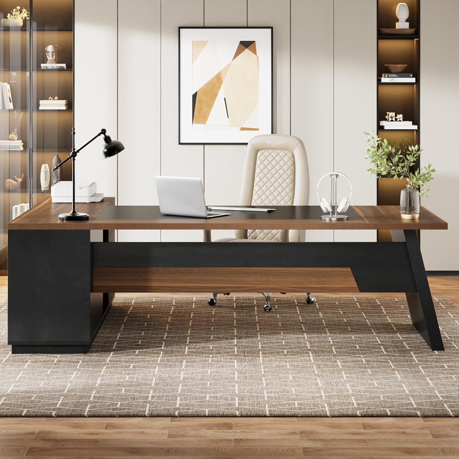 Tribesigns Modern 78" L-Shaped Executive Desk with Drawers and Lateral File Cabinet, Brown