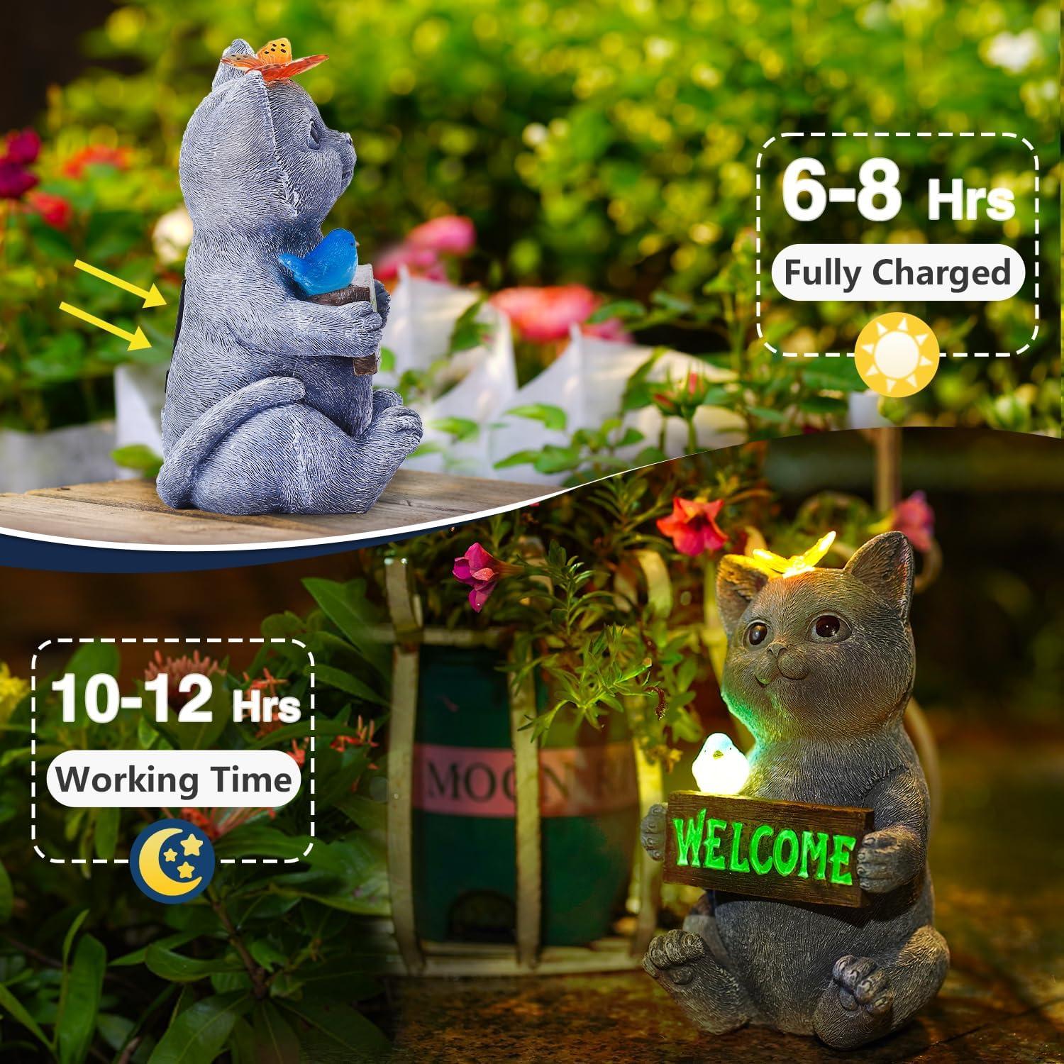 Trinx Solar Cat Figurine Garden Statues : Outside Welcome Cat Statue With Butterfly For Garden Decor And Yard Decorations - Unique Gifts