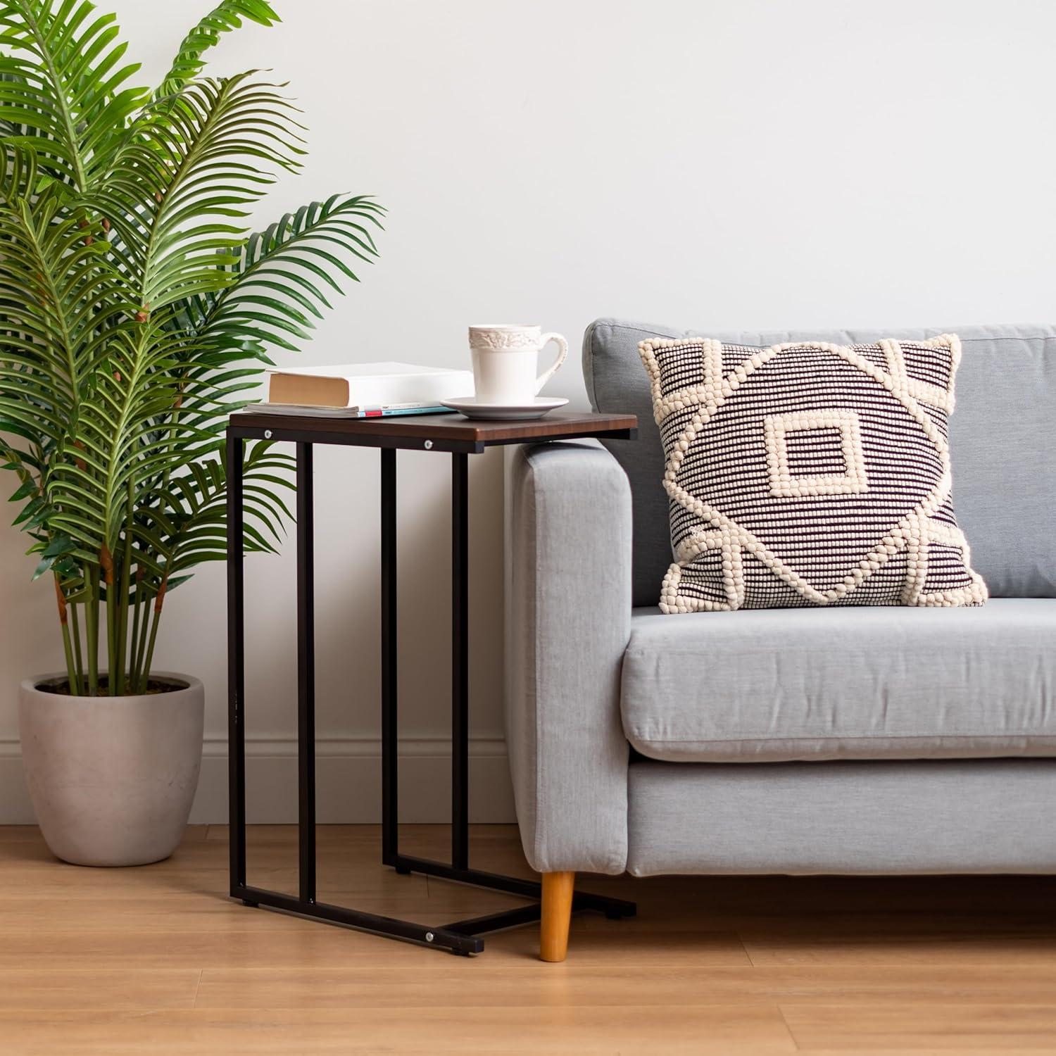 IRIS USA Wood and Metal Frame Side Table, Accent Sofa End Table Coffee Snack, Bedroom Night Stand, Living Room Computer Desk, C-Shape Wide