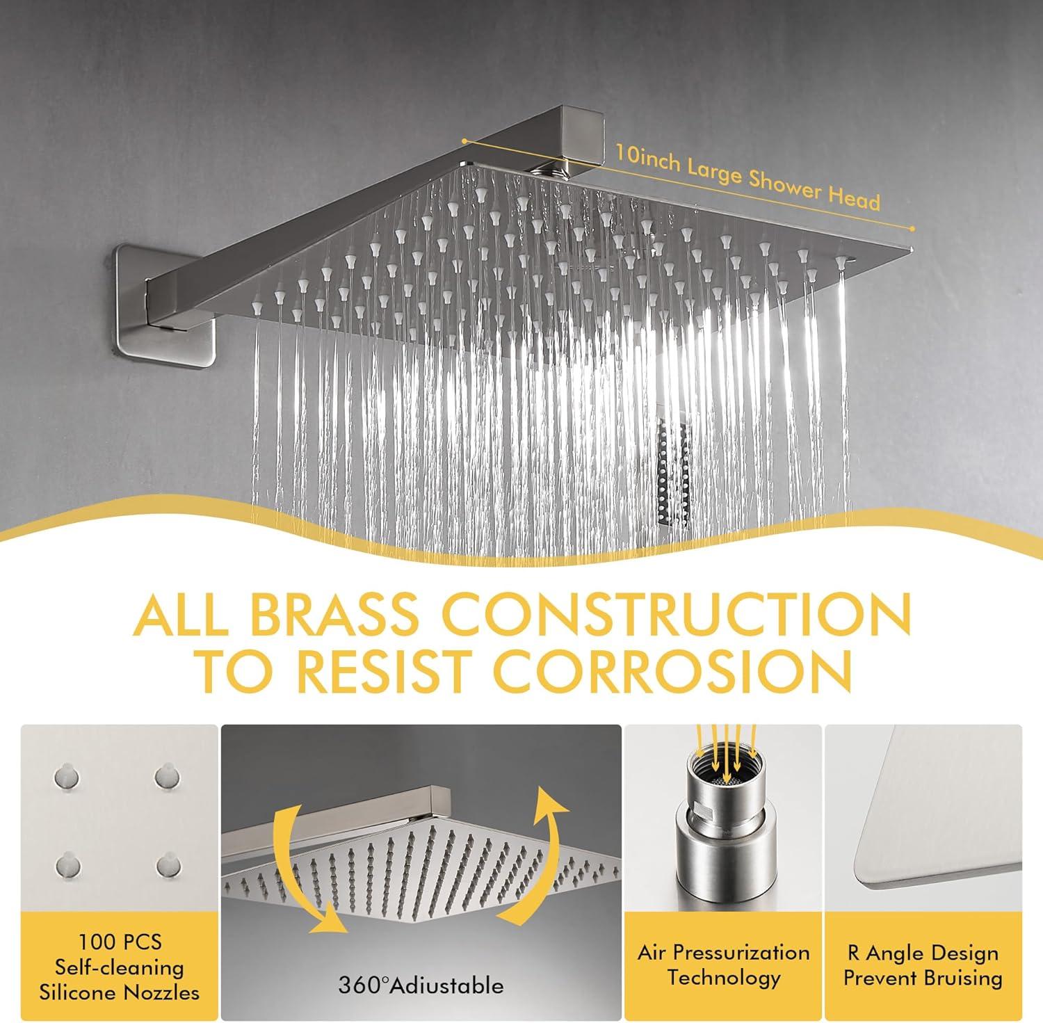 AWZTOO Wall Mounted Shower Faucet With Hand Shower Modern Shower System Set 10 Inch Rainfall Shower Head With Pressure Balance Valve Brushed Nickel