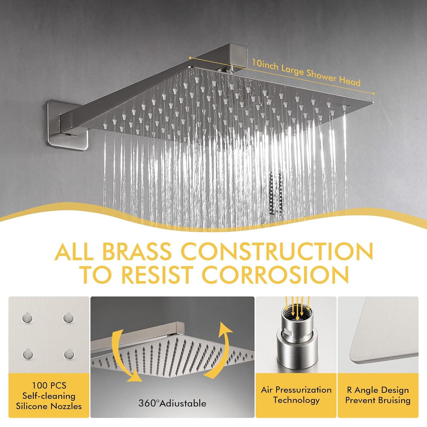 AWZTOO Wall Mounted Shower Faucet With Hand Shower Modern Shower System Set 10 Inch Rainfall Shower Head With Pressure Balance Valve Brushed Nickel