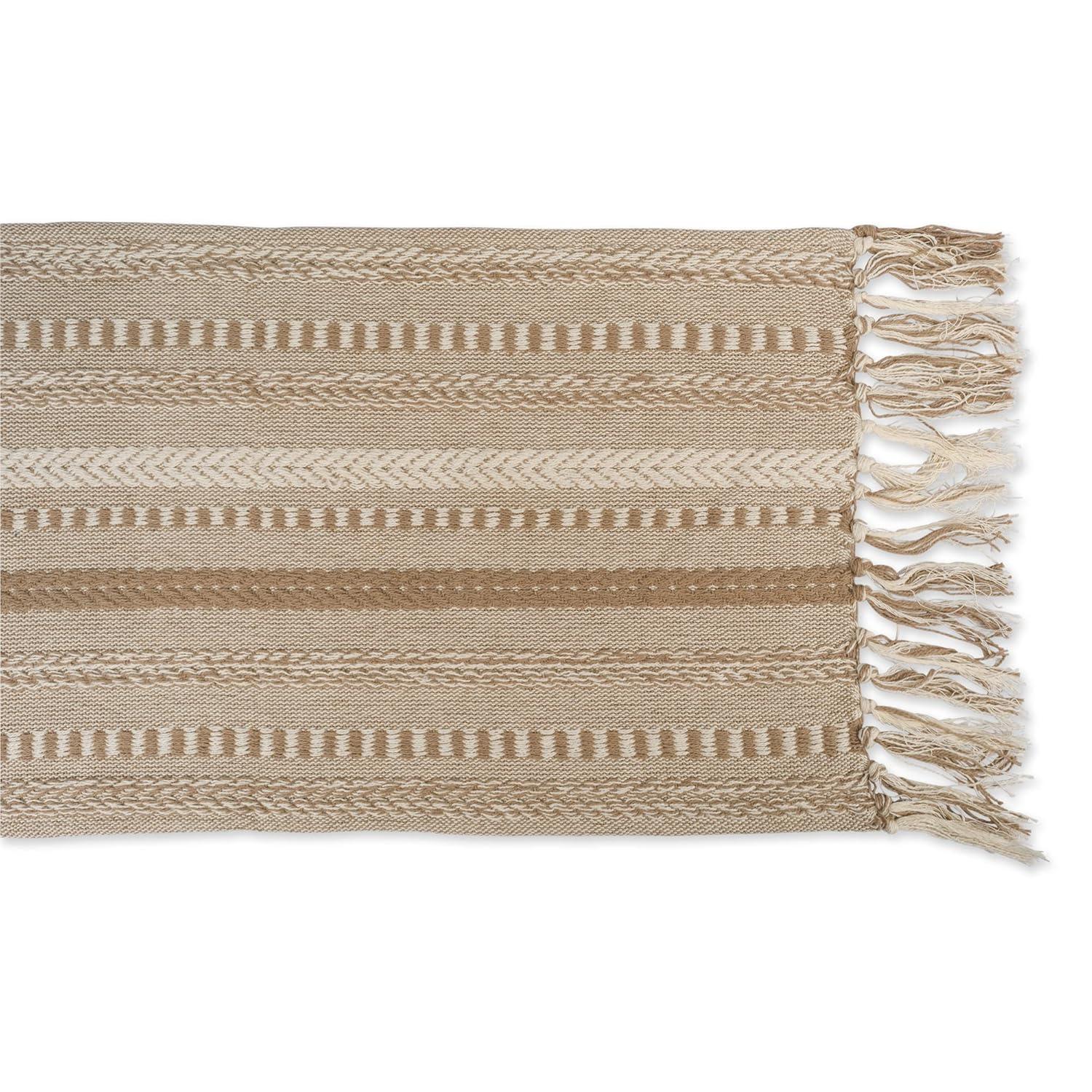 Design Imports  Braided Stripe Jacquard Fringe Table Runner, 15X72", Stone