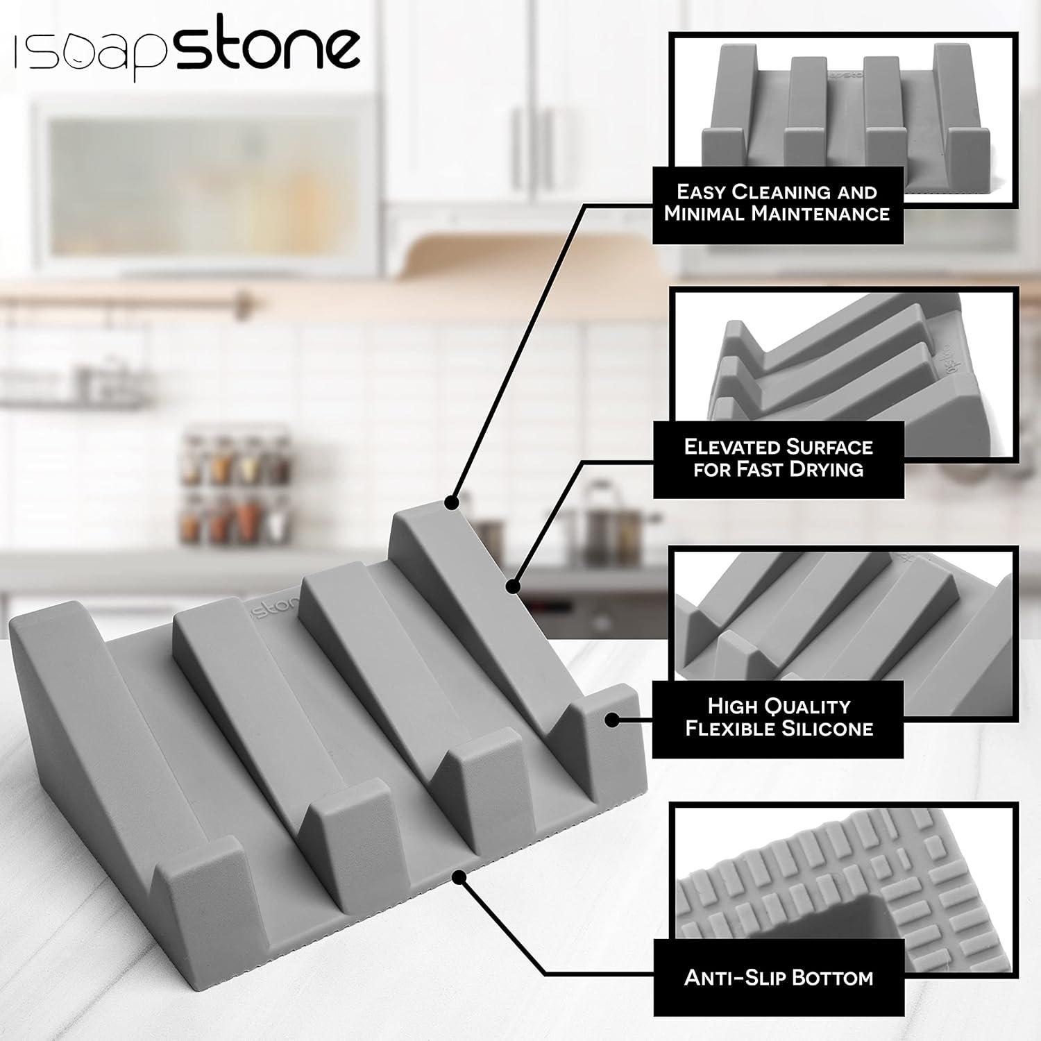 iSoapStone Premium Self-Draining Silicone Soap Dish: Waterfall Bar Holder Tray with Drain Saver, Anti-Slip Kitchen & Bathroom Accessory for Sponges and Bar Soaps - Patent-Pending Design (Light Grey)