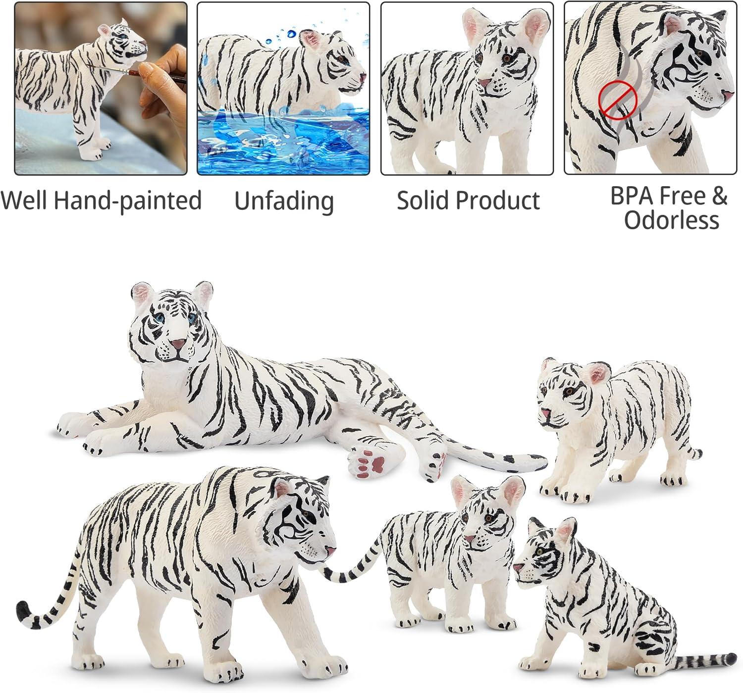 Toymany 6PCS Realistic White Tigers Figurines with Tiger Cubs, 2-6" Jungle Animals Figures Family Set Includes Baby Tigers, Educational Toy Cake Toppers Christmas Birthday Gift for Kids Toddlers