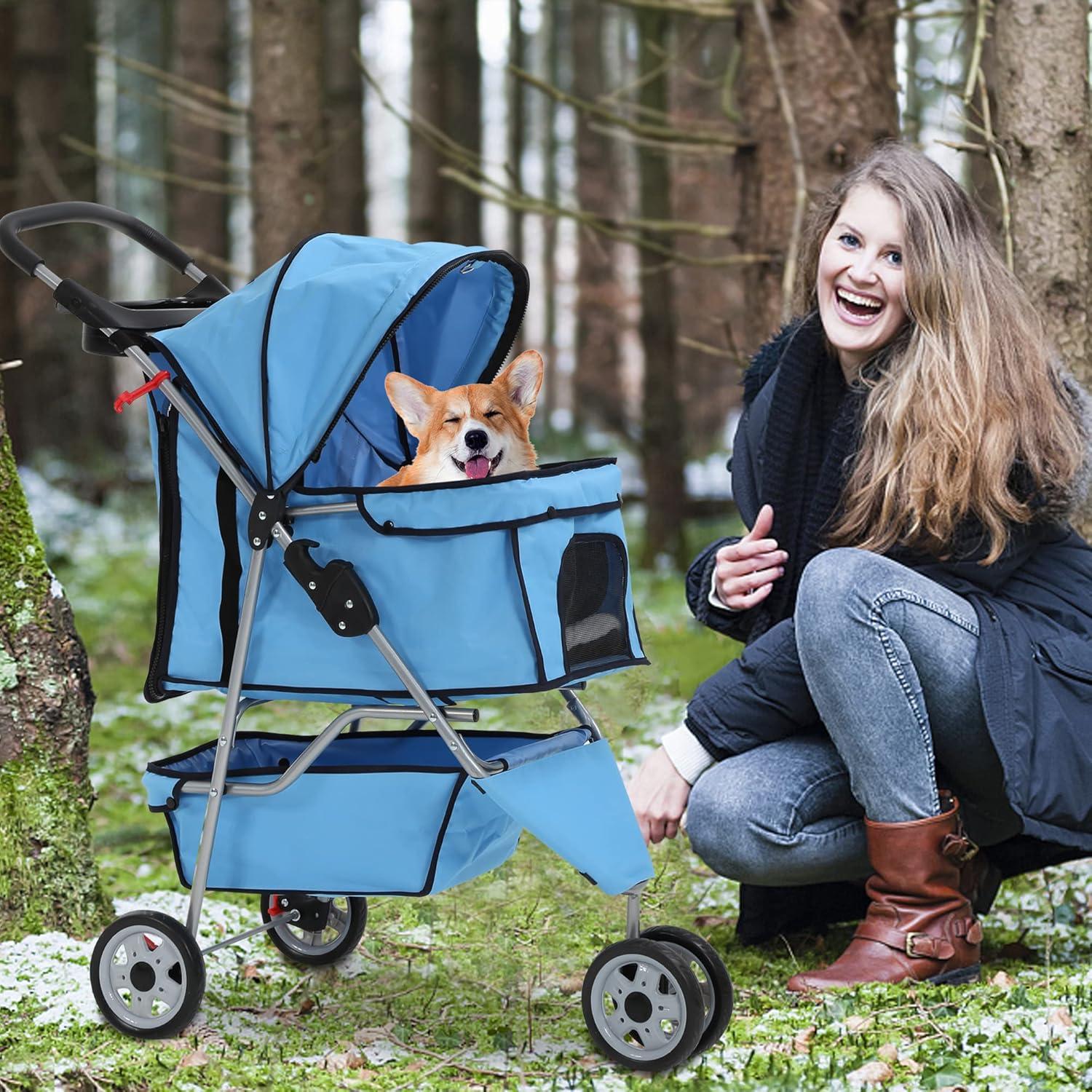 ToccoLeggero Pet Stroller Foldable Dog Stroller 3-Wheel Durable Cat Jogger Stroller For Small And Medium Dogs Cats With Washable Liner Storage Basket Cup Holder