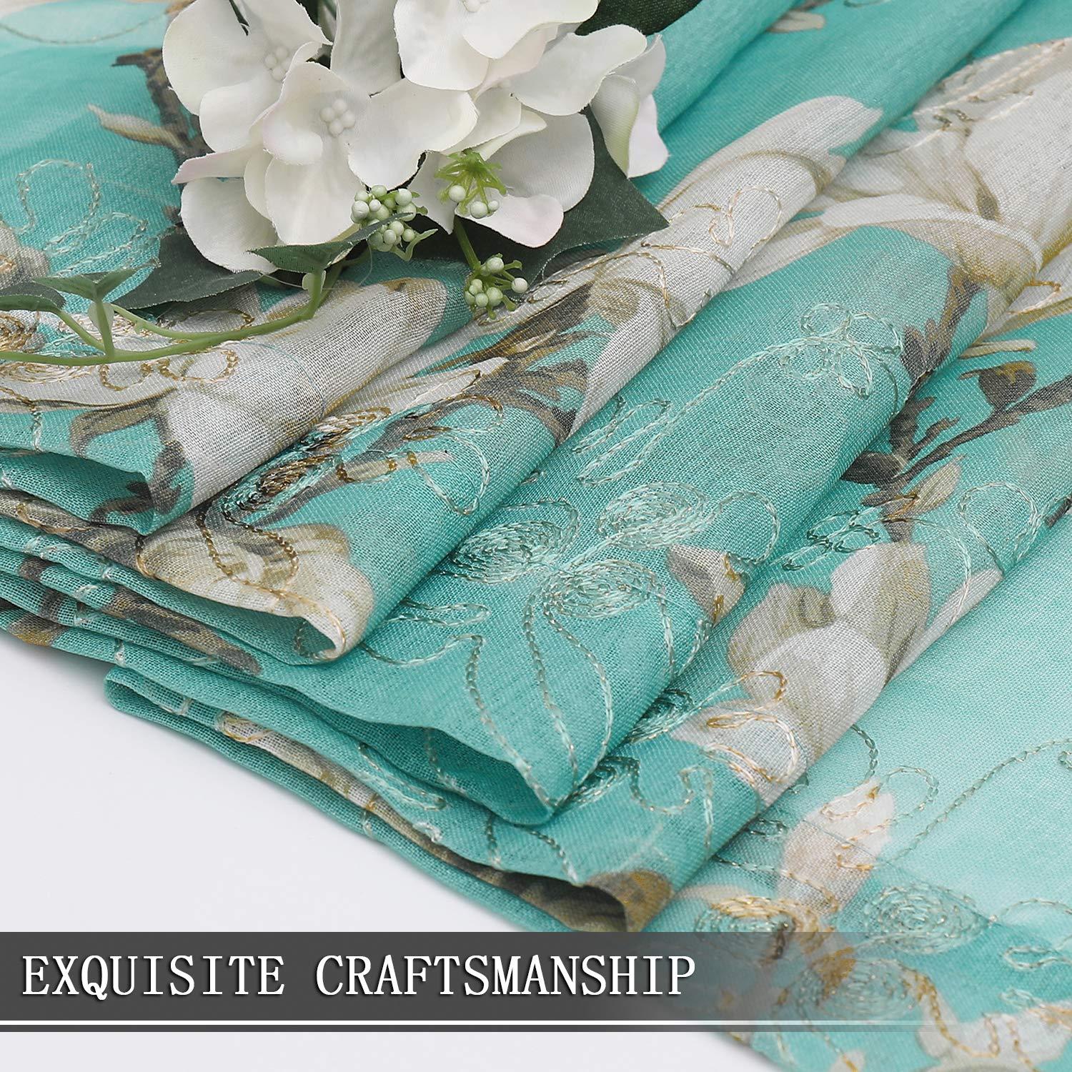 Tollpiz Floral Turquoise Sheer Curtain Flower Print Vine Embroidery Bedroom Curtains Rod Pocket Voile Window Curtain for Living Room, 54 x 95 inches Long, Set of 2 Panels