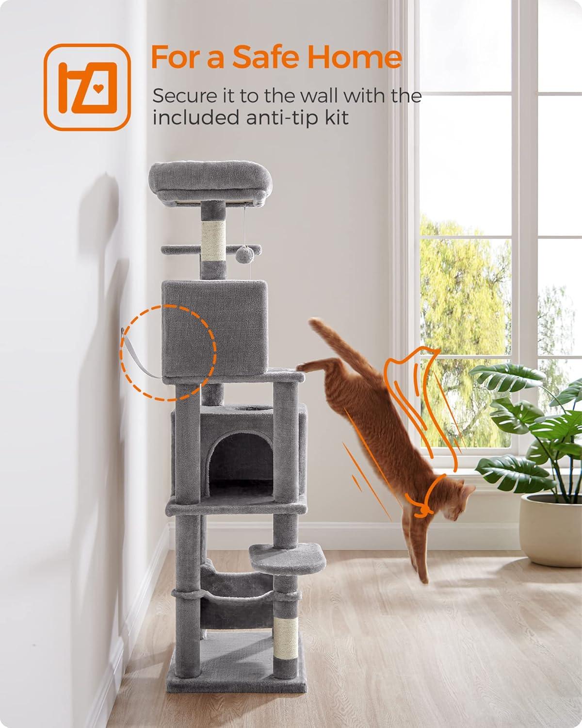 Feandrea 61"H Cat Tree Cat Tower for Indoor Cats, Plush Multi-Level Cat Condo with Scratching Posts, Perches, Caves, Hammock, Light Gray