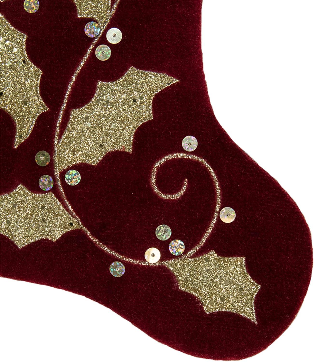 20.5-Inch Velvet Gold and Maroon Etched Cuff Christmas Stocking