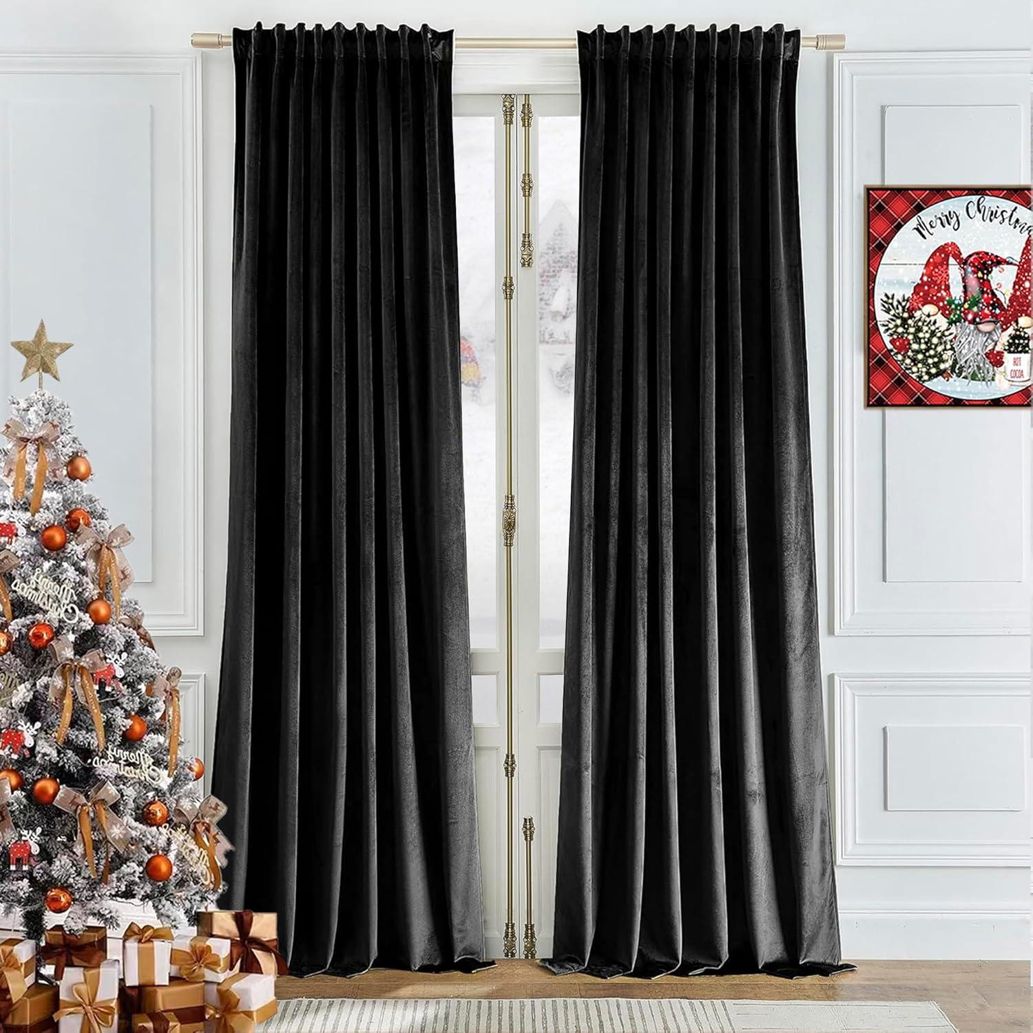 JIUZHEN Black Velvet Curtains for Living Room -96 inches Long Rod Pocket Thermal Insulated Room Darkening Window Drapes for Bedroom, Set of 2 Panels with Tiebacks, 52 x 96 inches