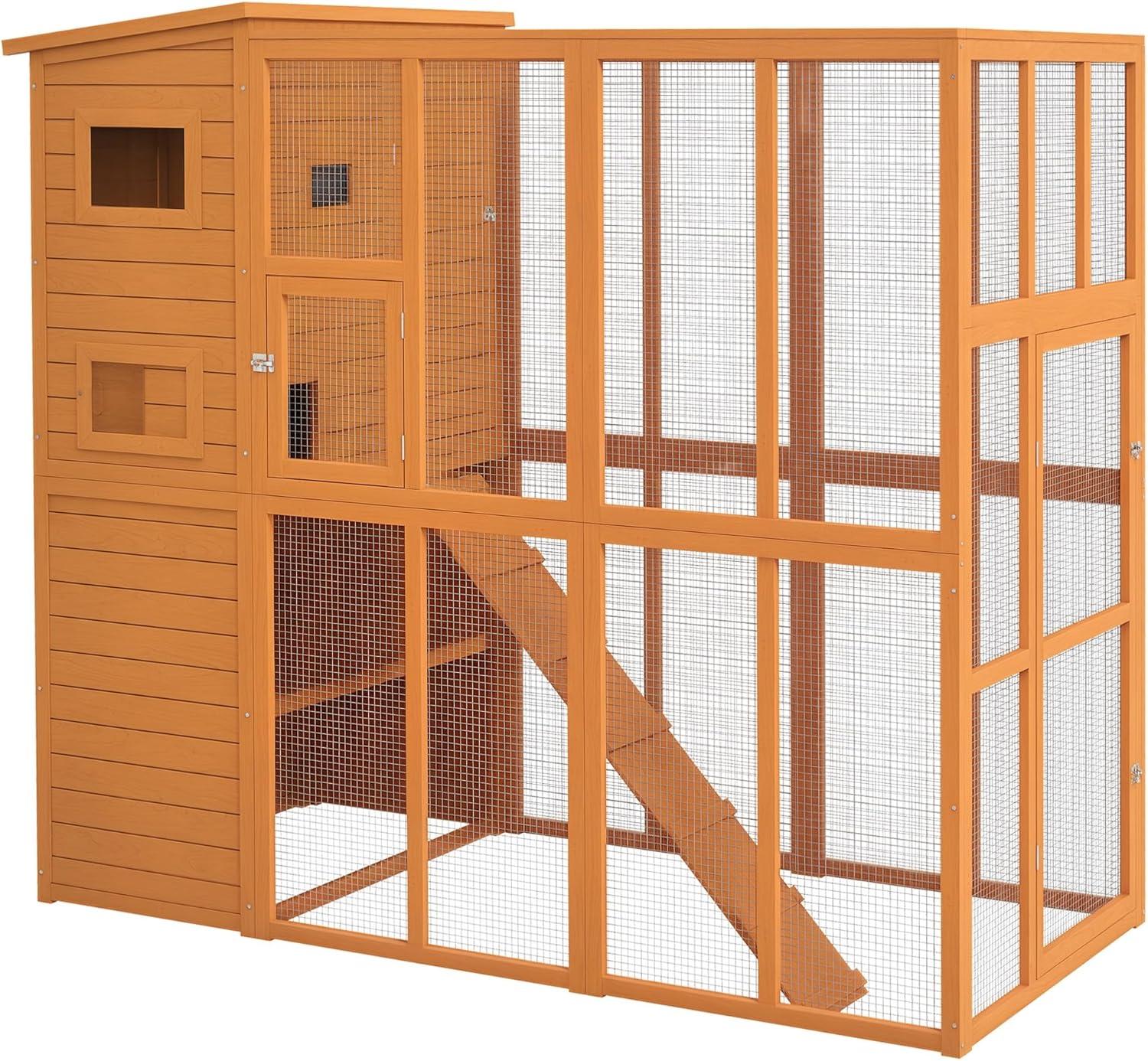 PawHut Catio Outdoor Cat Enclosure, Wooden Cat Patio with Platforms, Waterproof Asphalt Roof, Ramps, 77" L, Natural